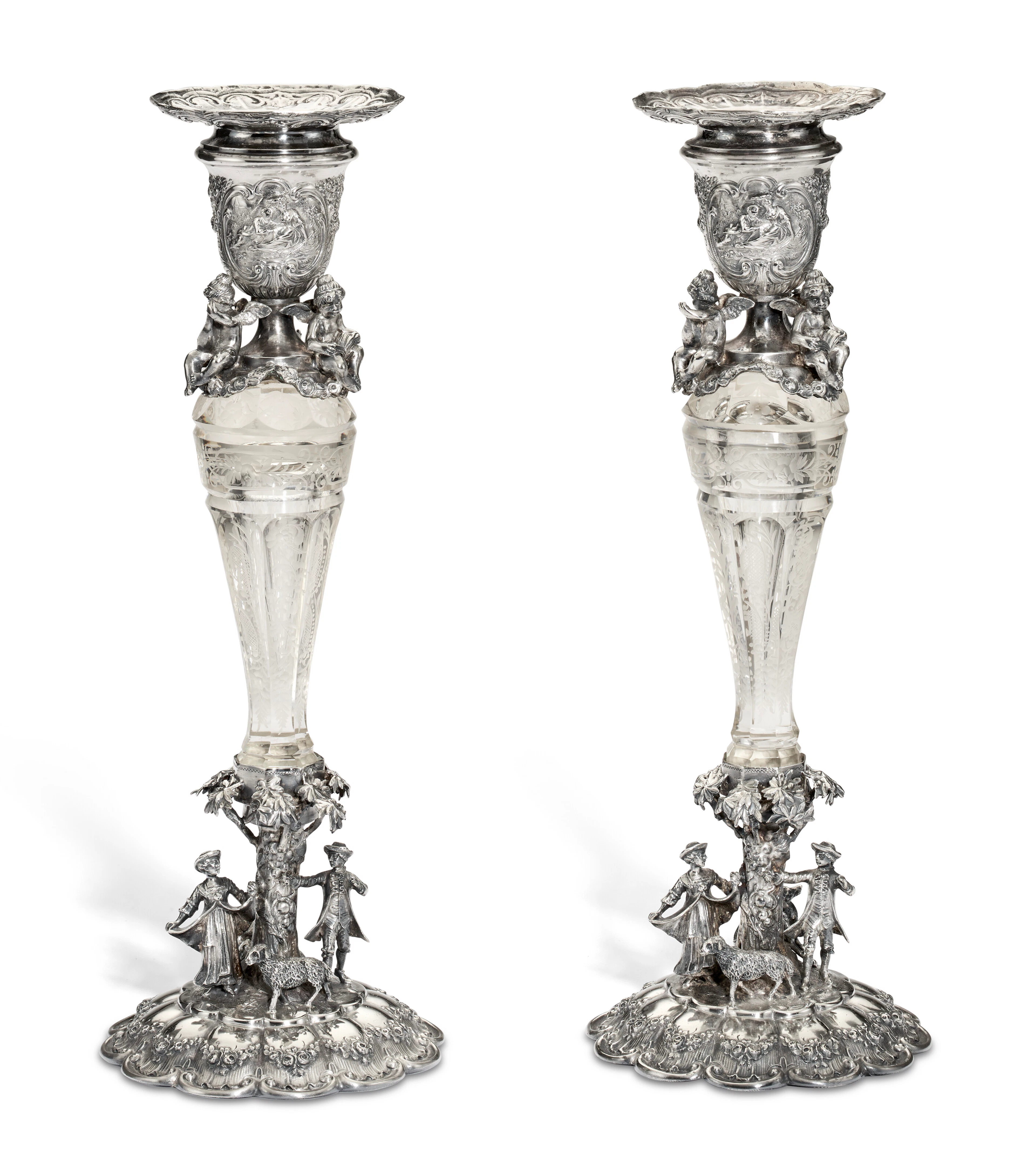 A Pair of German Silver and Cut-Glass Candlesticks