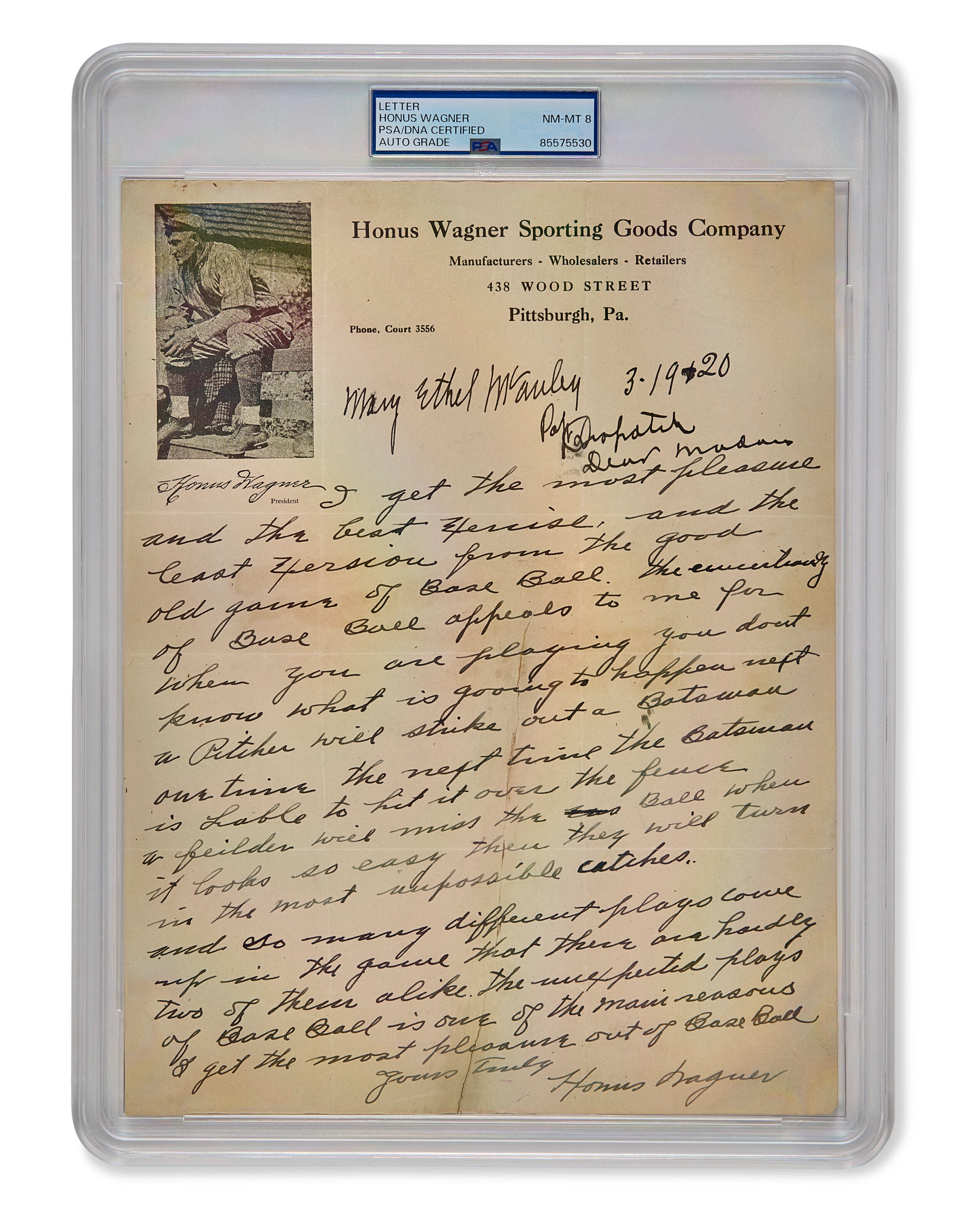 FINE HONUS WAGNER HANDWRITTEN EXCEPTIONAL BASEBALL CONTENT (PSA/DNA 8 NM-MT)