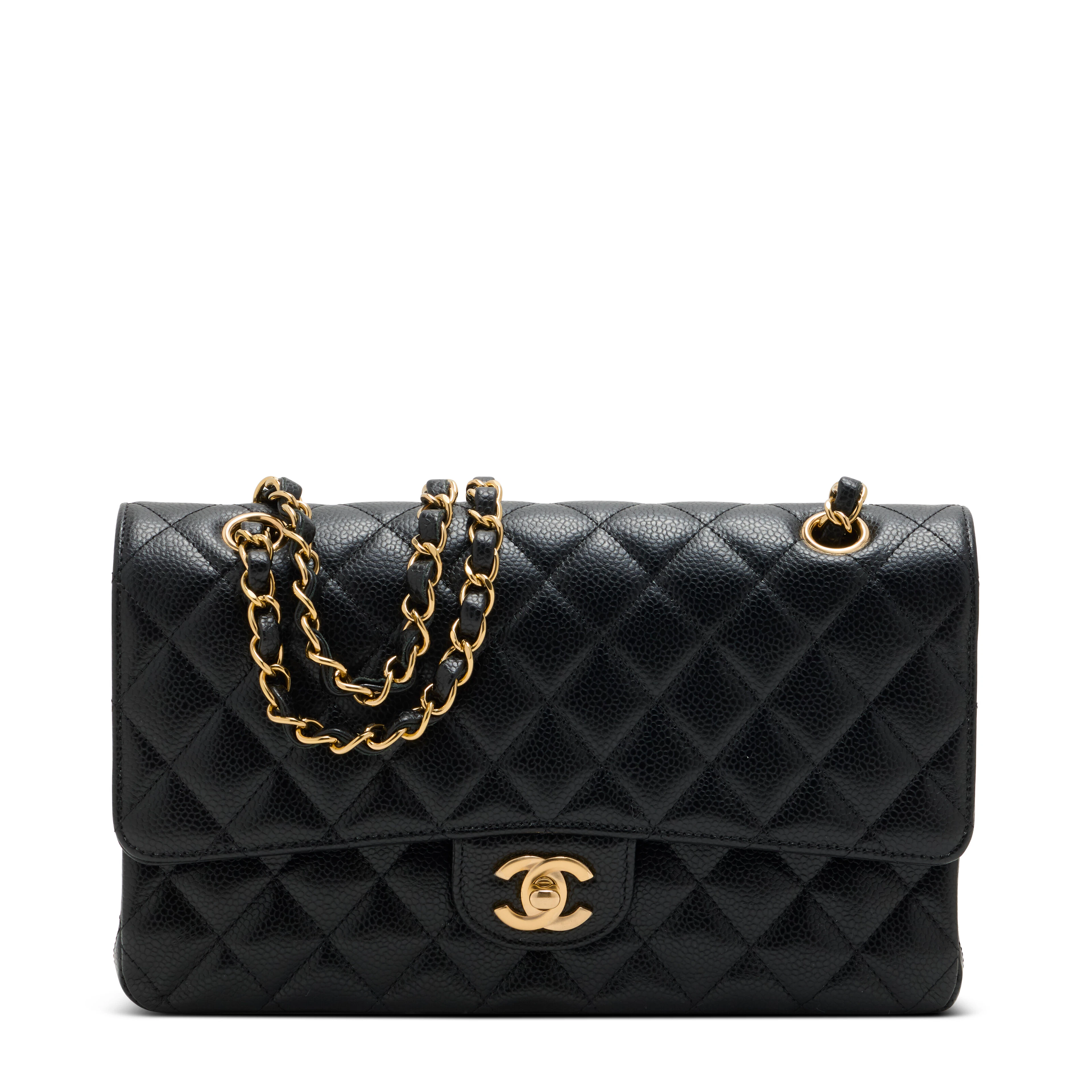 A Black Quilted Caviar Leather Medium Classic Double Flap with Gold Hardware