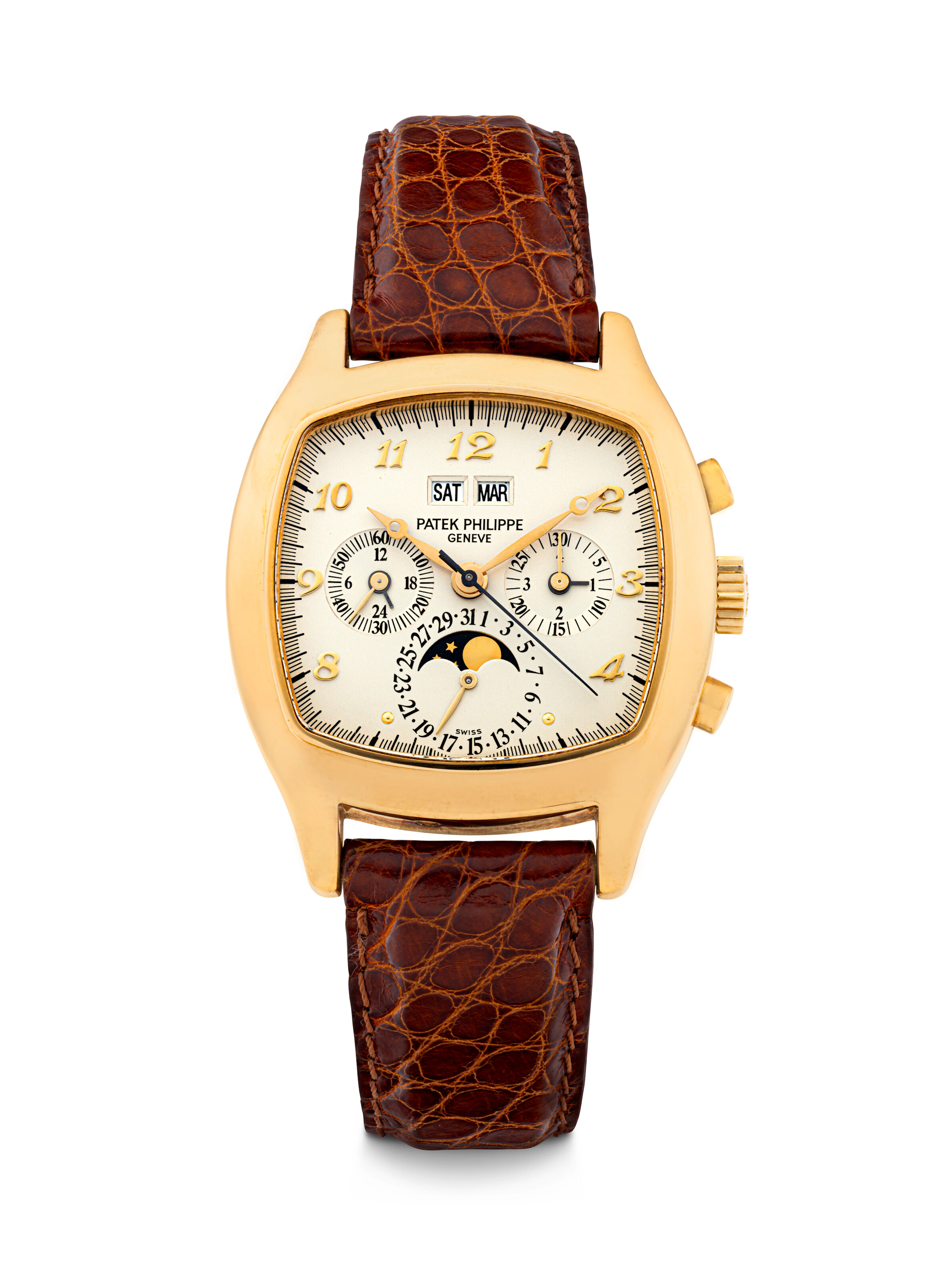 PATEK PHILIPPE. A VERY RARE 18K GOLD CUSHION-SHAPED PERPETUAL CALENDAR