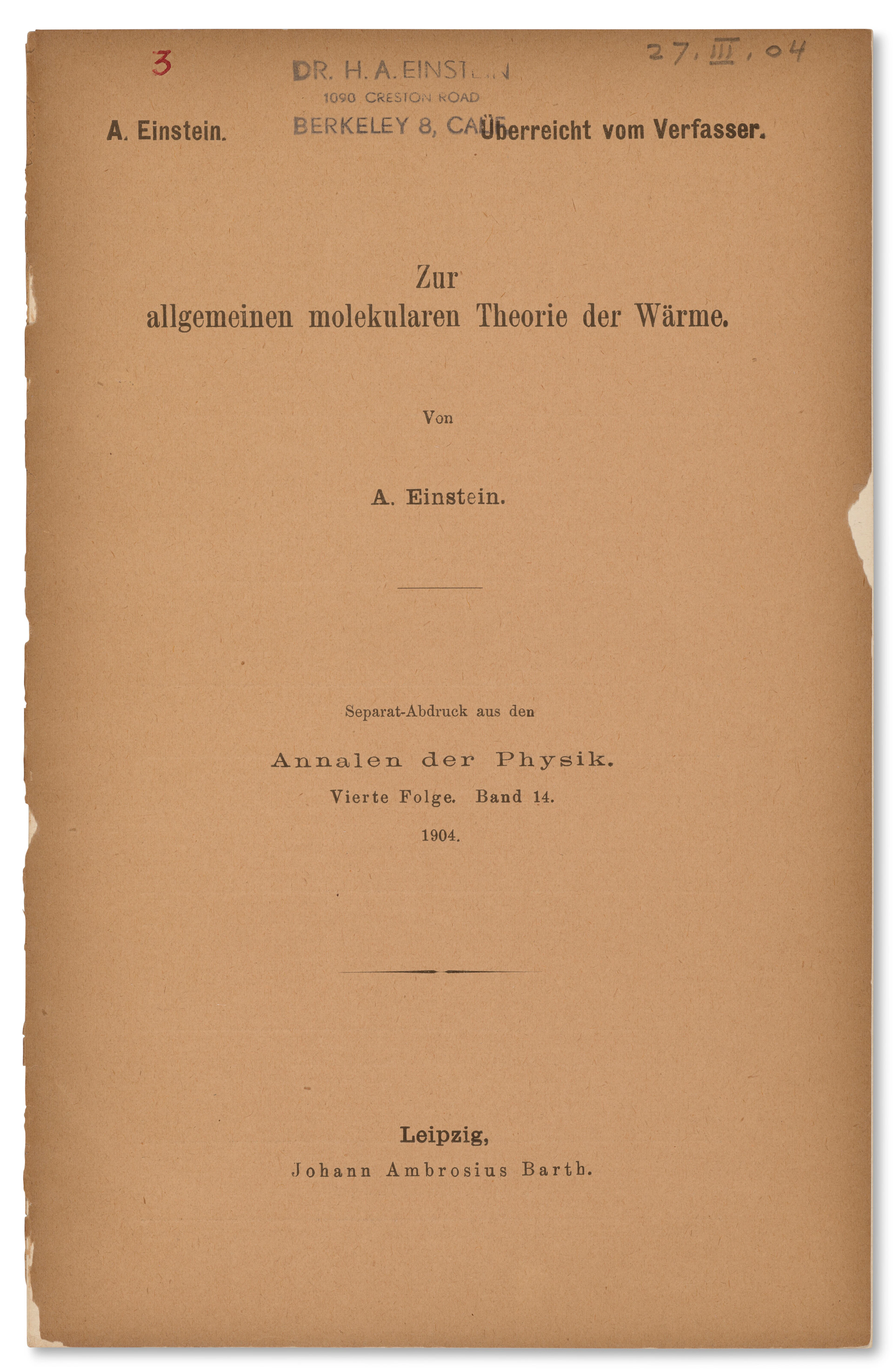 Hans Einstein's Copy, on Statistical Mechanics