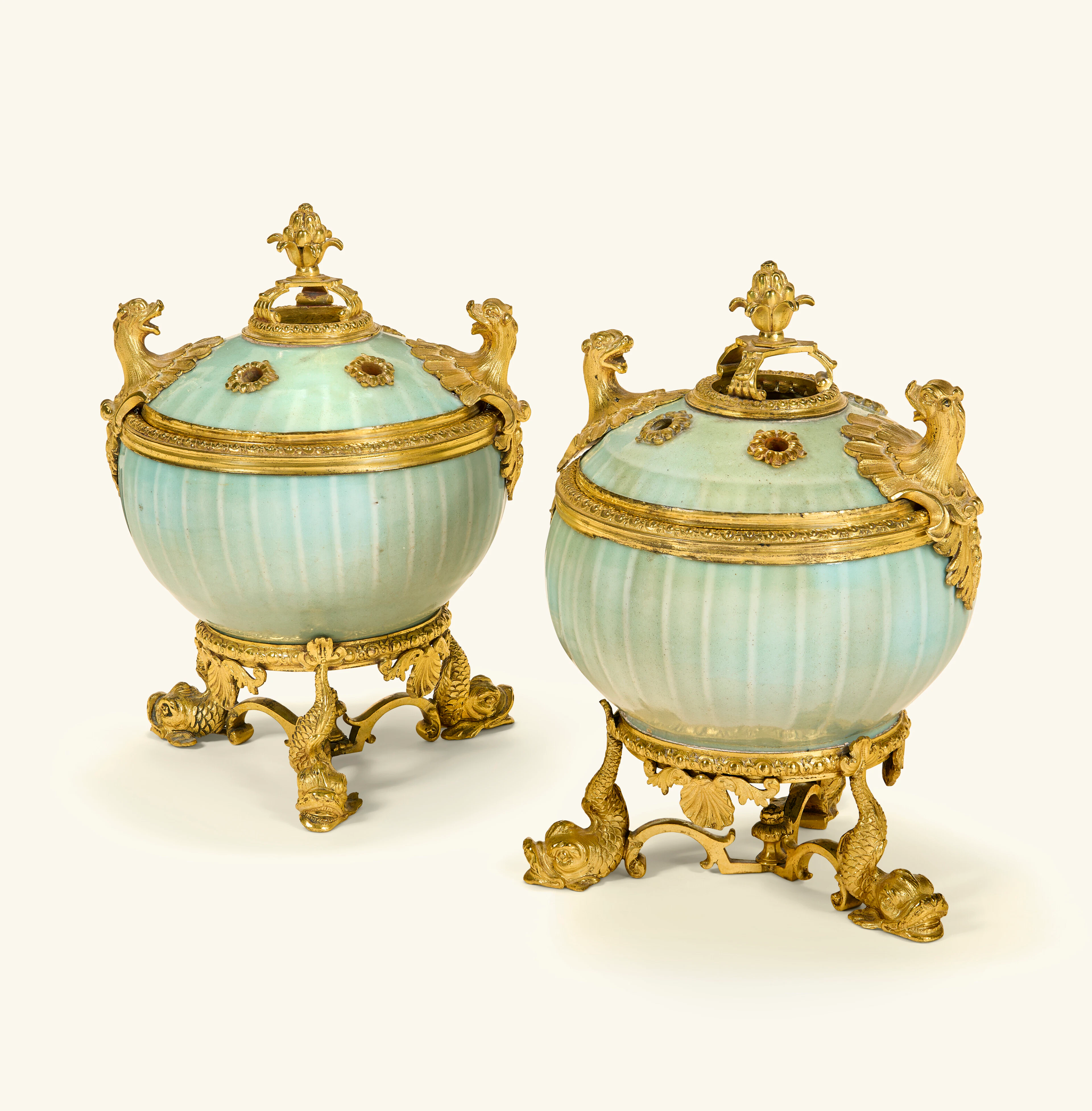 A PAIR OF LOUIS XIV ORMOLU-MOUNTED CHINESE CELADON PORCELAIN POTS-POURRIS
