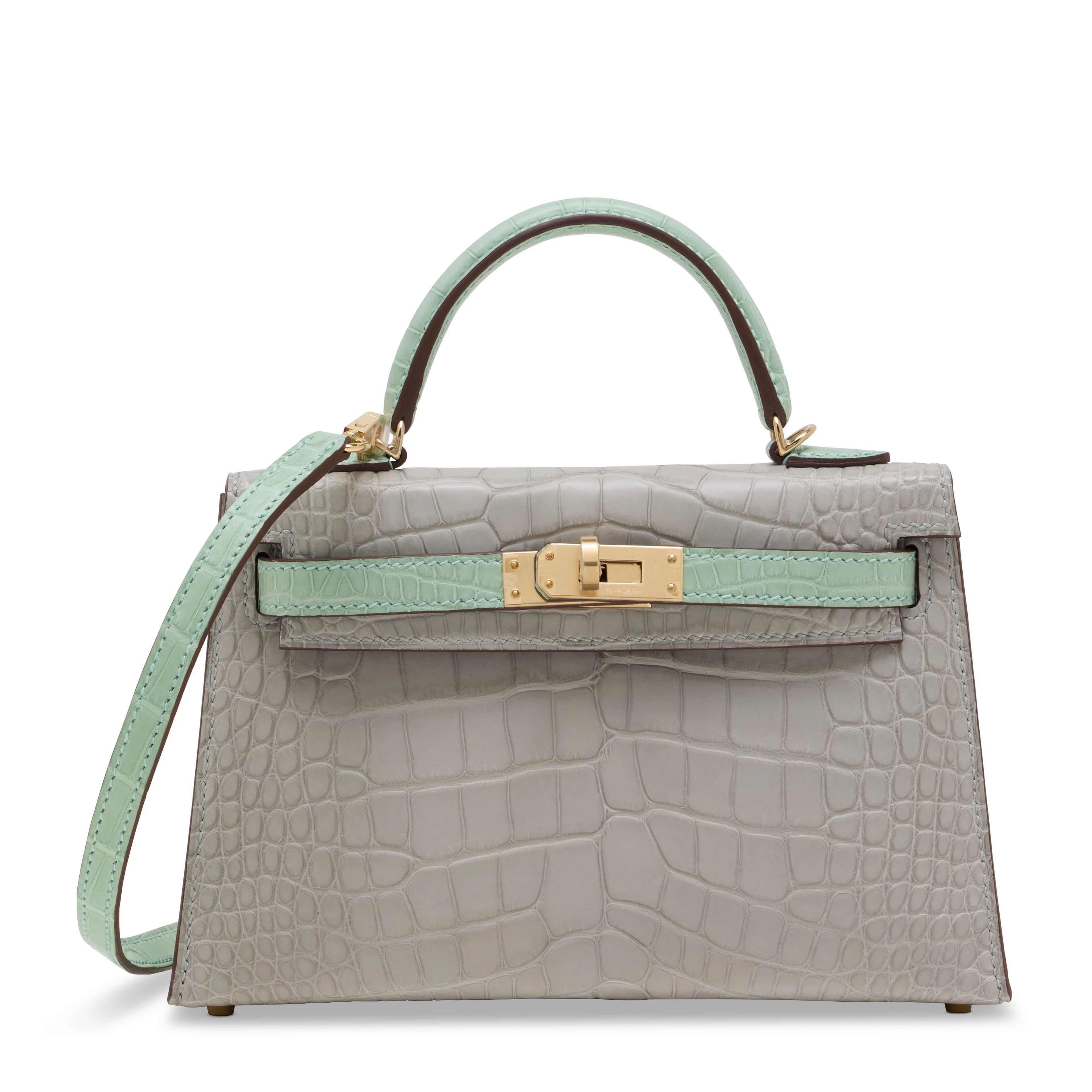 A SPECIAL ORDER MATTE GRIS PERLE & VERT D'EAU ALLIGATOR MINI KELLY