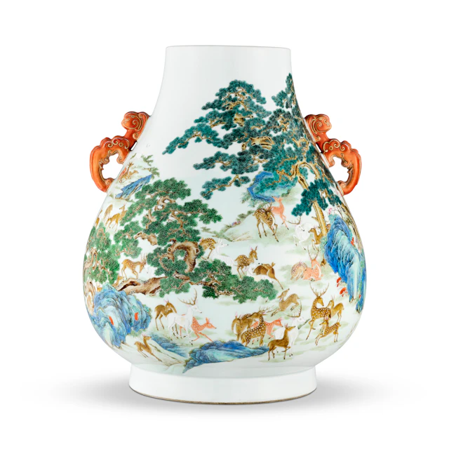 A Magnificent and Fine Yangcai 'Hundred Deer' Hu -Form Vase