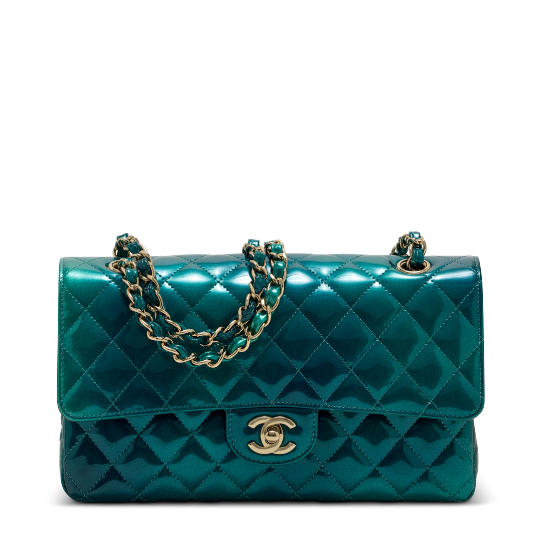 A Gradient Malachite Green Patent Leather Medium Classic Double Flap
