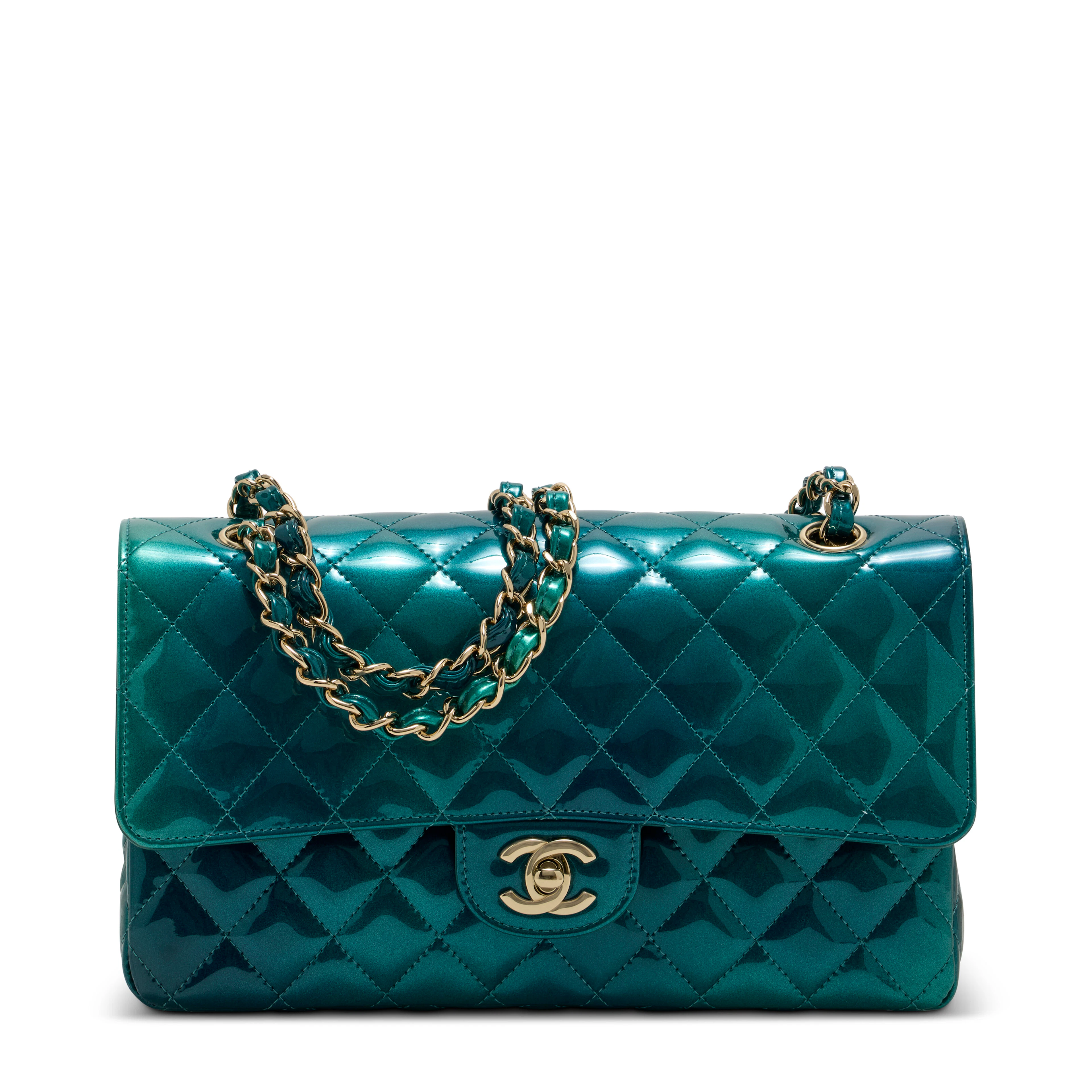 A Gradient Malachite Green Patent Leather Medium Classic Double Flap