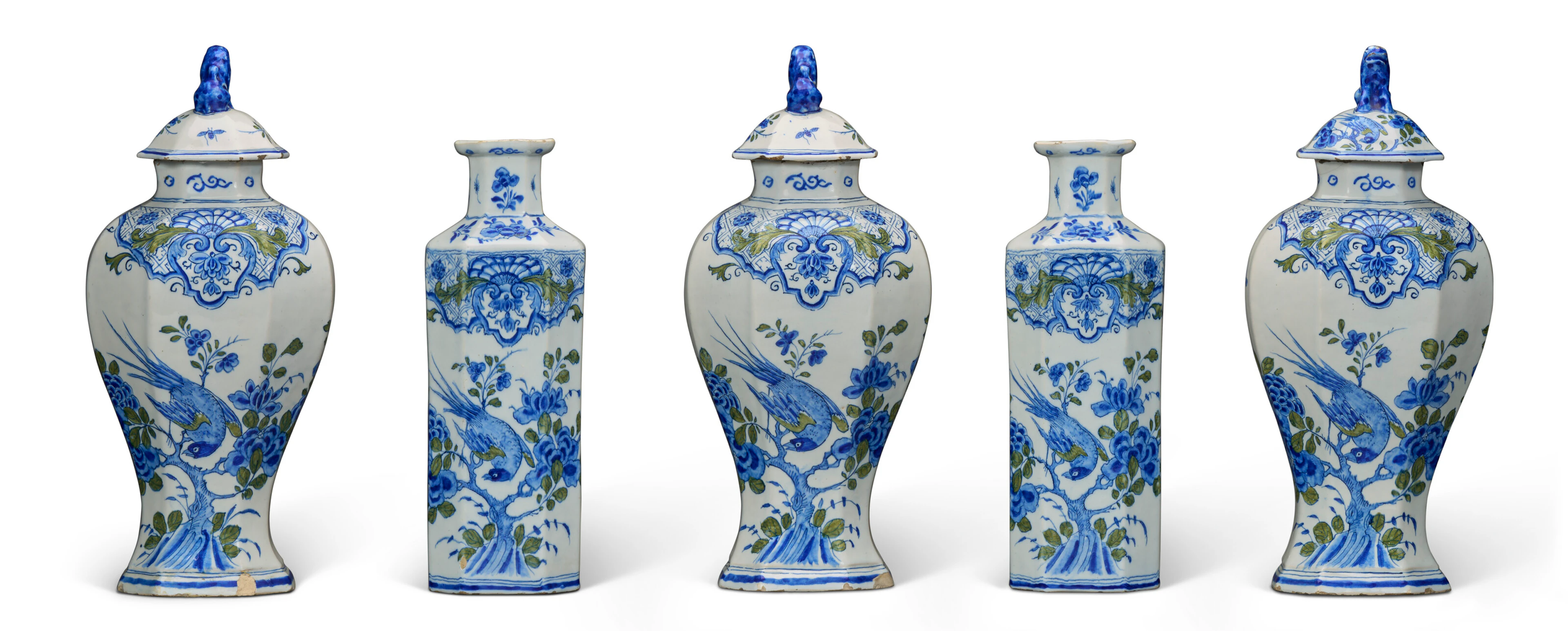 A Dutch Delft Blue and Green Chinoiserie Garniture (Kaststel)
