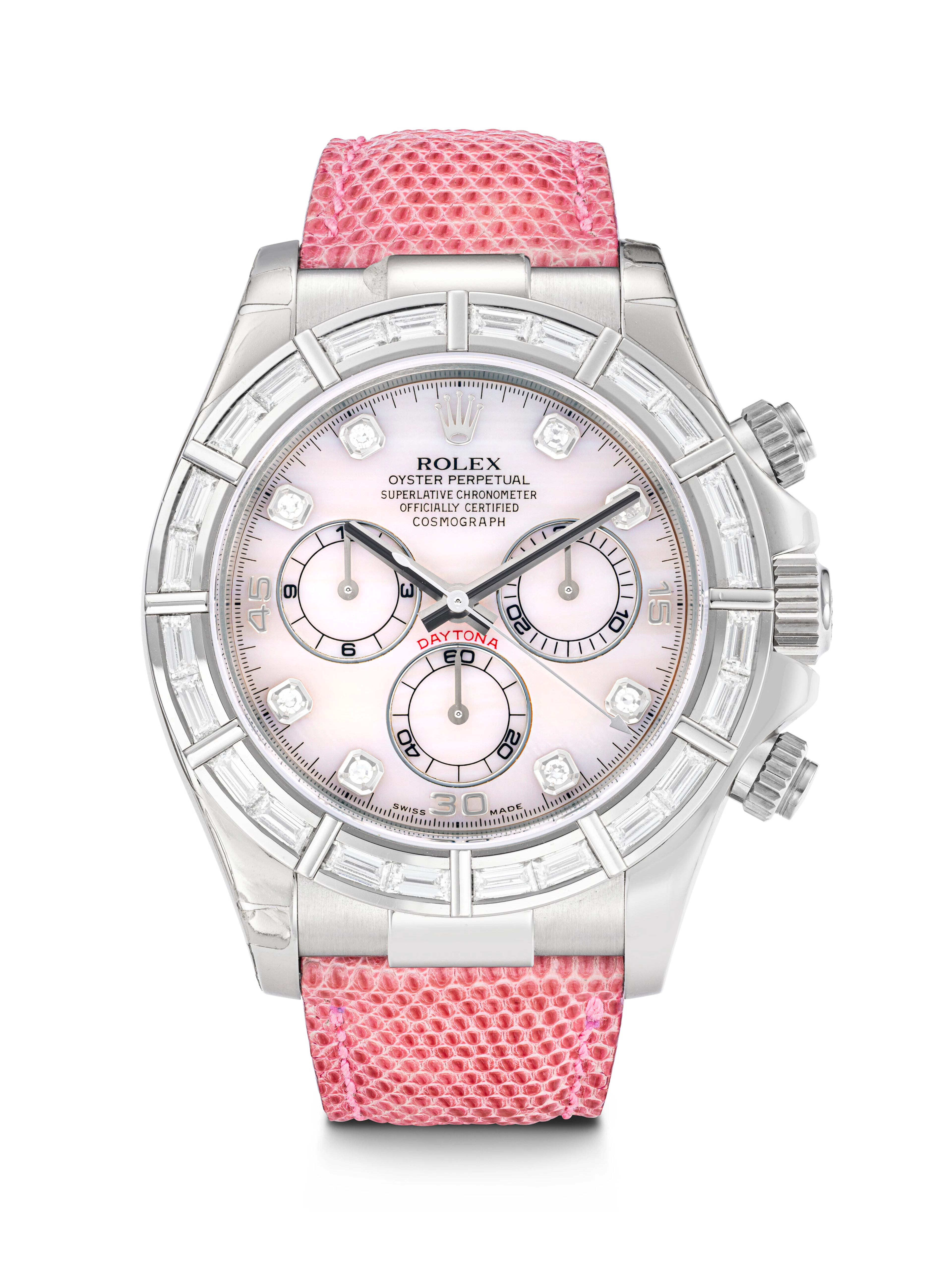 ROLEX. AN EXTREMELY RARE AND ATTRACTIVE 18K WHITE GOLD AND BAGUETTE-CUT