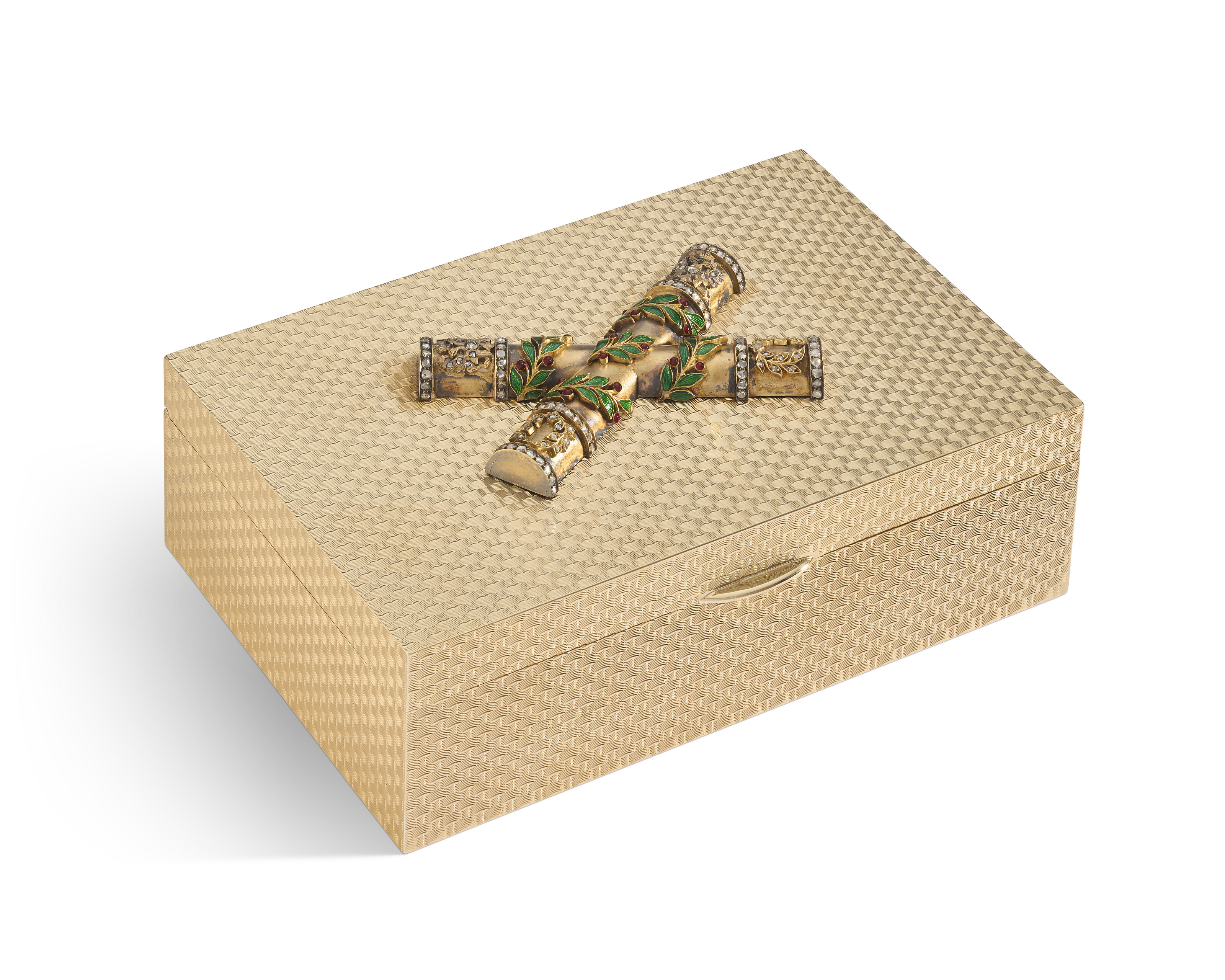 A CARTIER JEWELED AND ENAMELED GOLD TABLE BOX