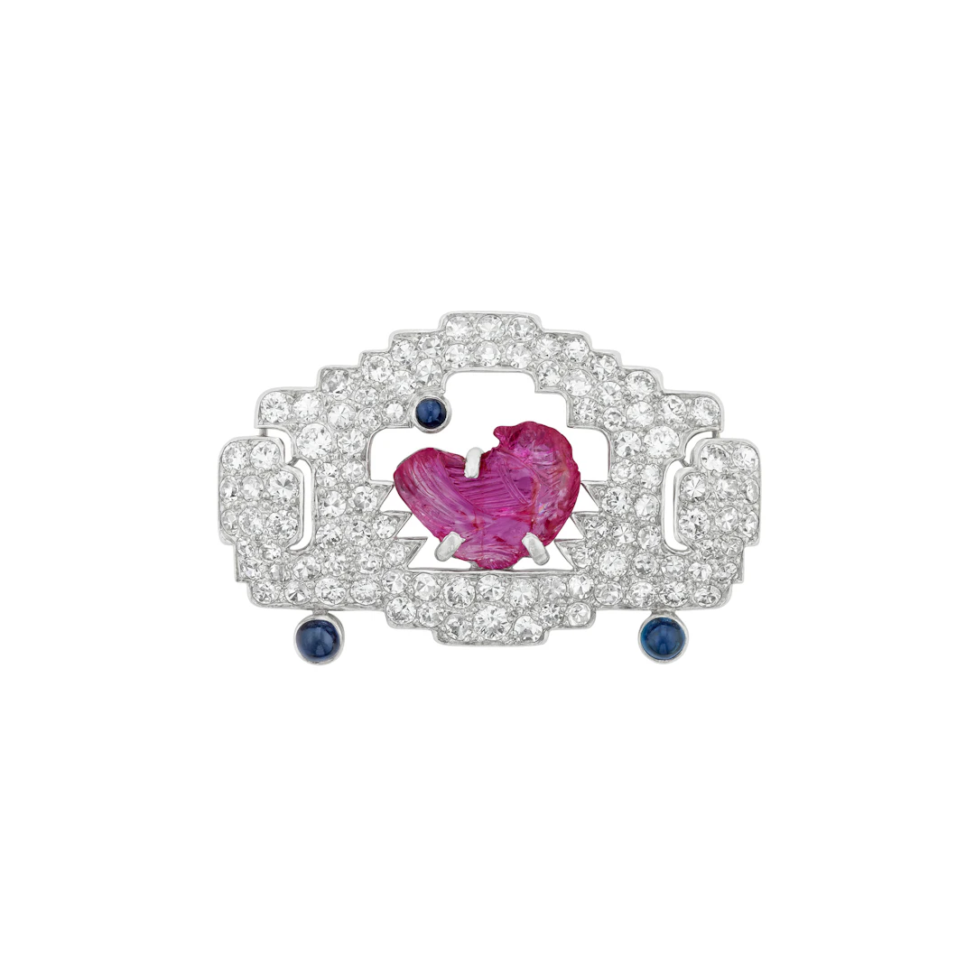 Cartier Art Deco Diamond, Ruby and Sapphire Brooch