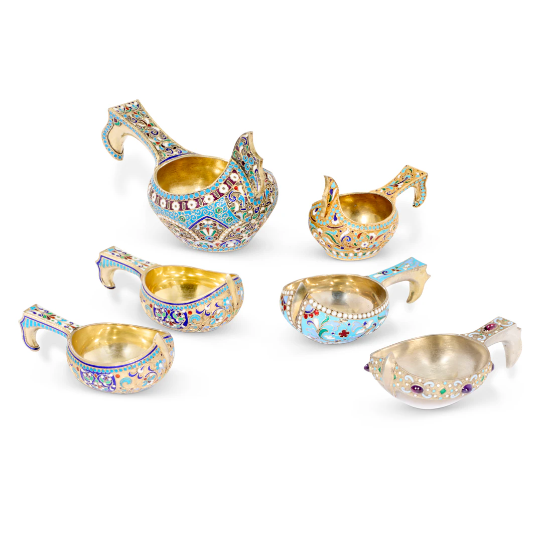 A Group of Six Russian Silver-Gilt and Cloisonné Enamel Small Kovshi