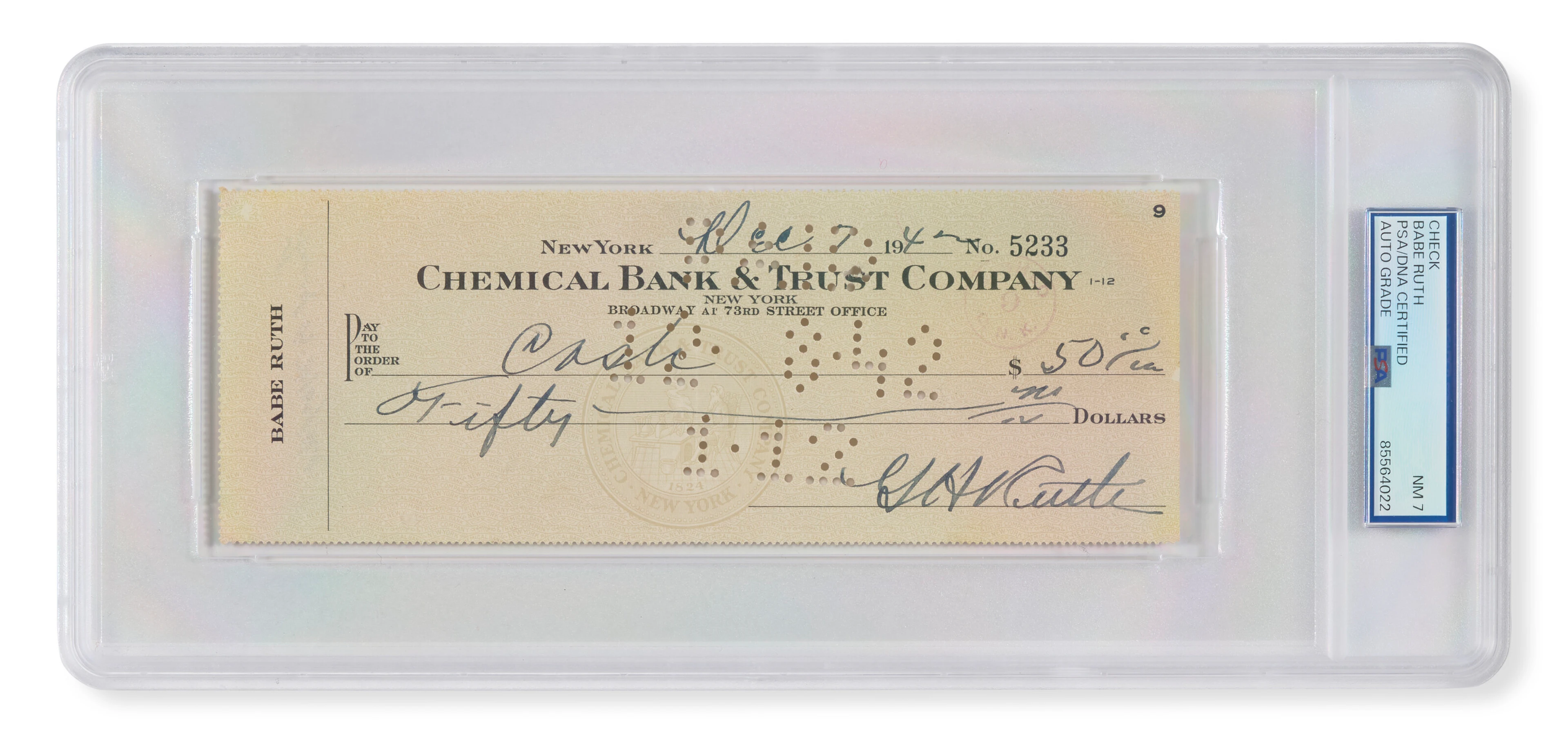 BABE RUTH AUTOGRAPHED PERSONAL CHECK (PSA/DNA 7 NM)