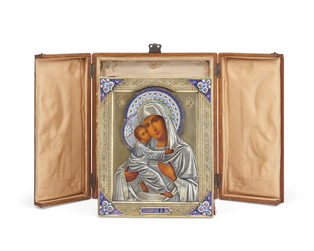A Russian Cloisonné and Champlevé Enamel, Parcel-Gilt Silver Icon