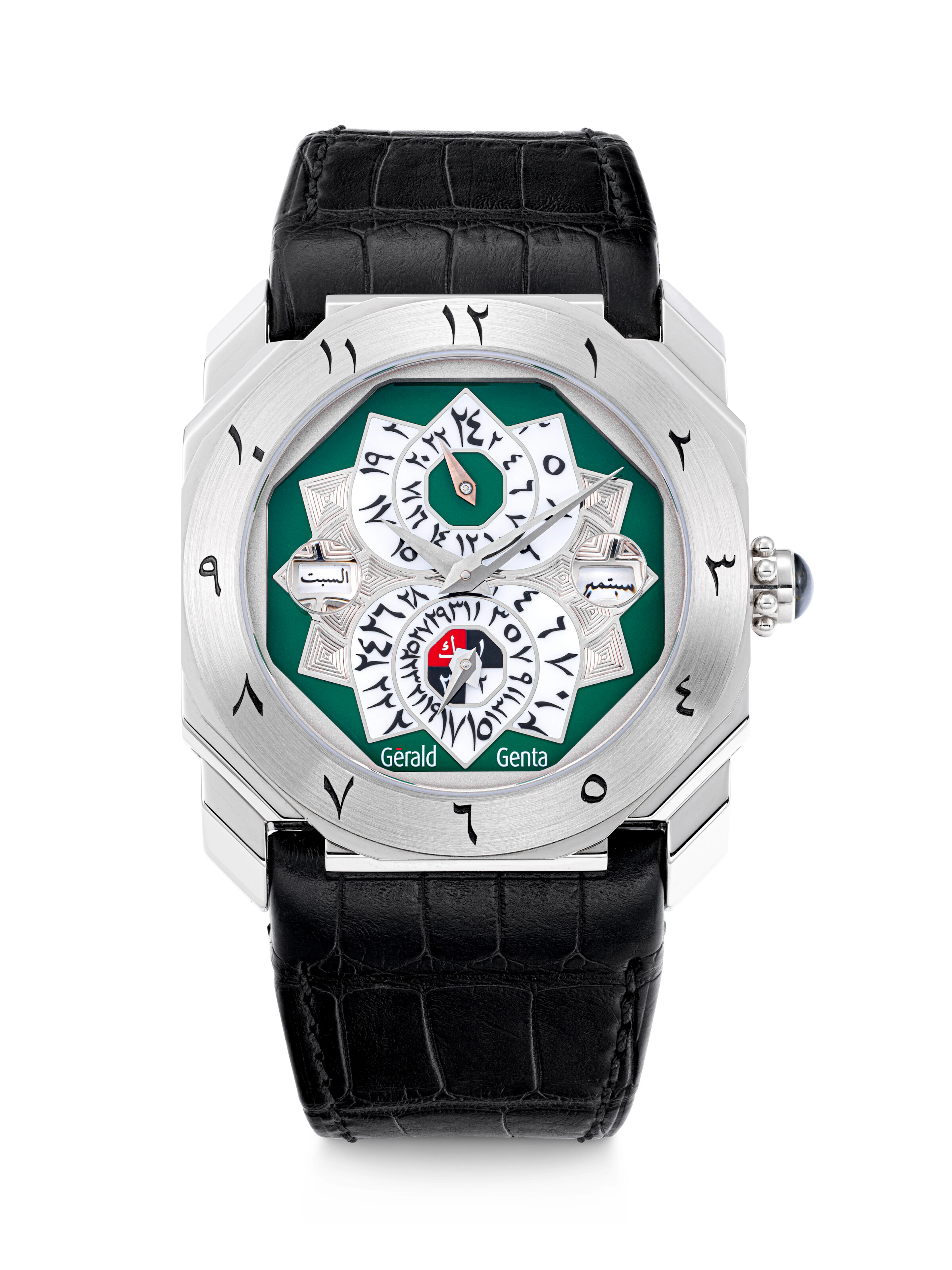GERALD GENTA. AN 18K WHITE GOLD AUTOMATIC PERPETUAL CALENDAR WRISTWATCH