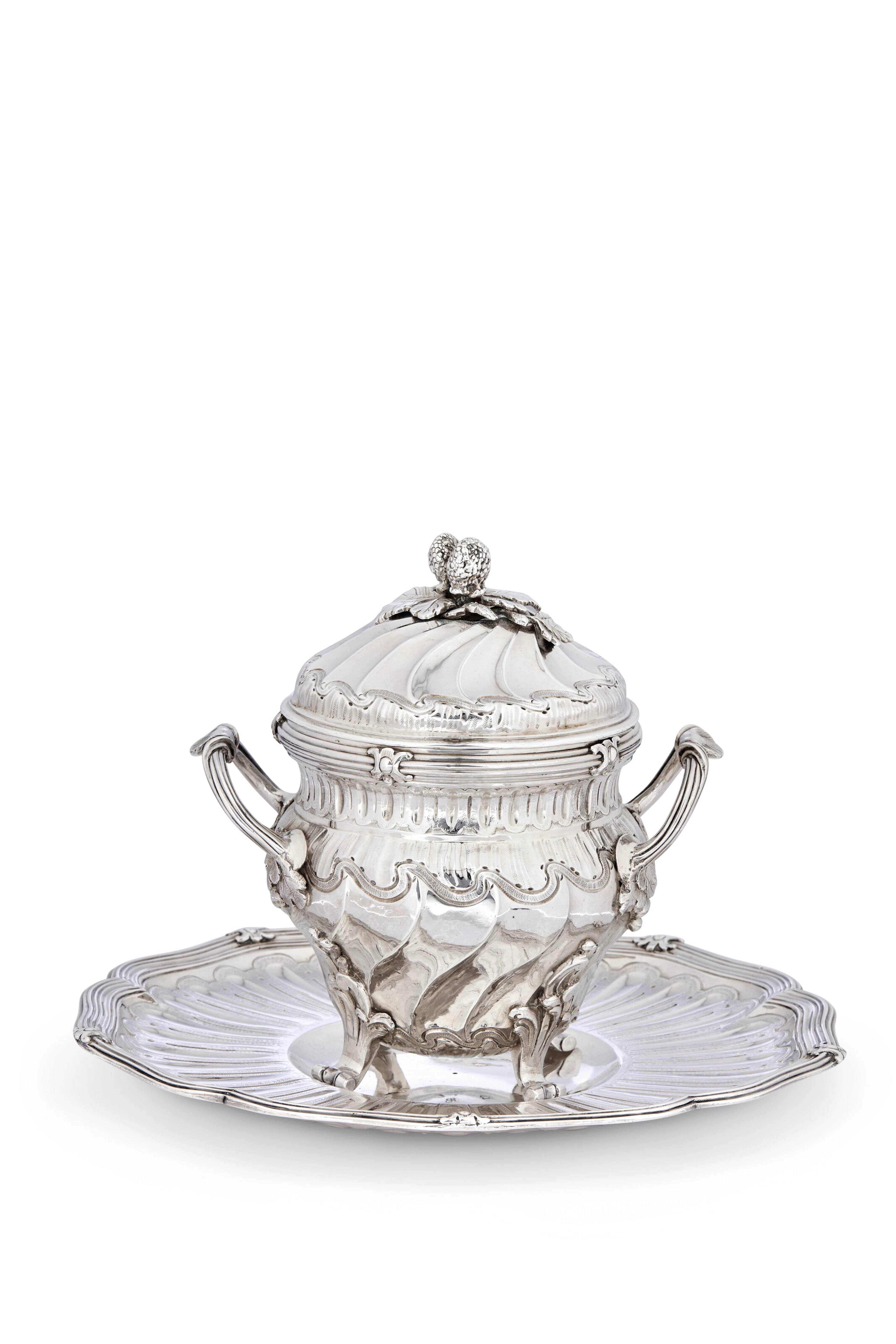 SUCRIER, SON COUVERCLE ET SON PRÉSENTOIR EN ARGENT D'ÉPOQUE LOUIS XV