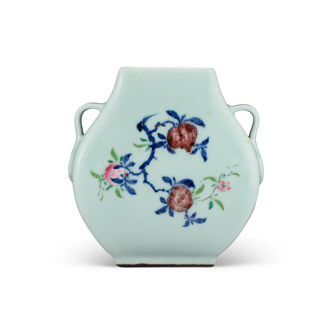 A Small Celadon-Ground Underglaze Blue Copper-Red and Famille Rose