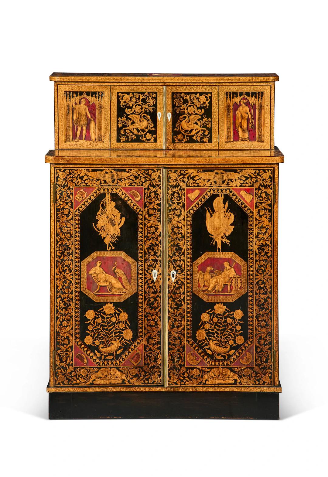 A Regency Marquetry and Parquetry Red-And-Black Penwork Side Cabinet