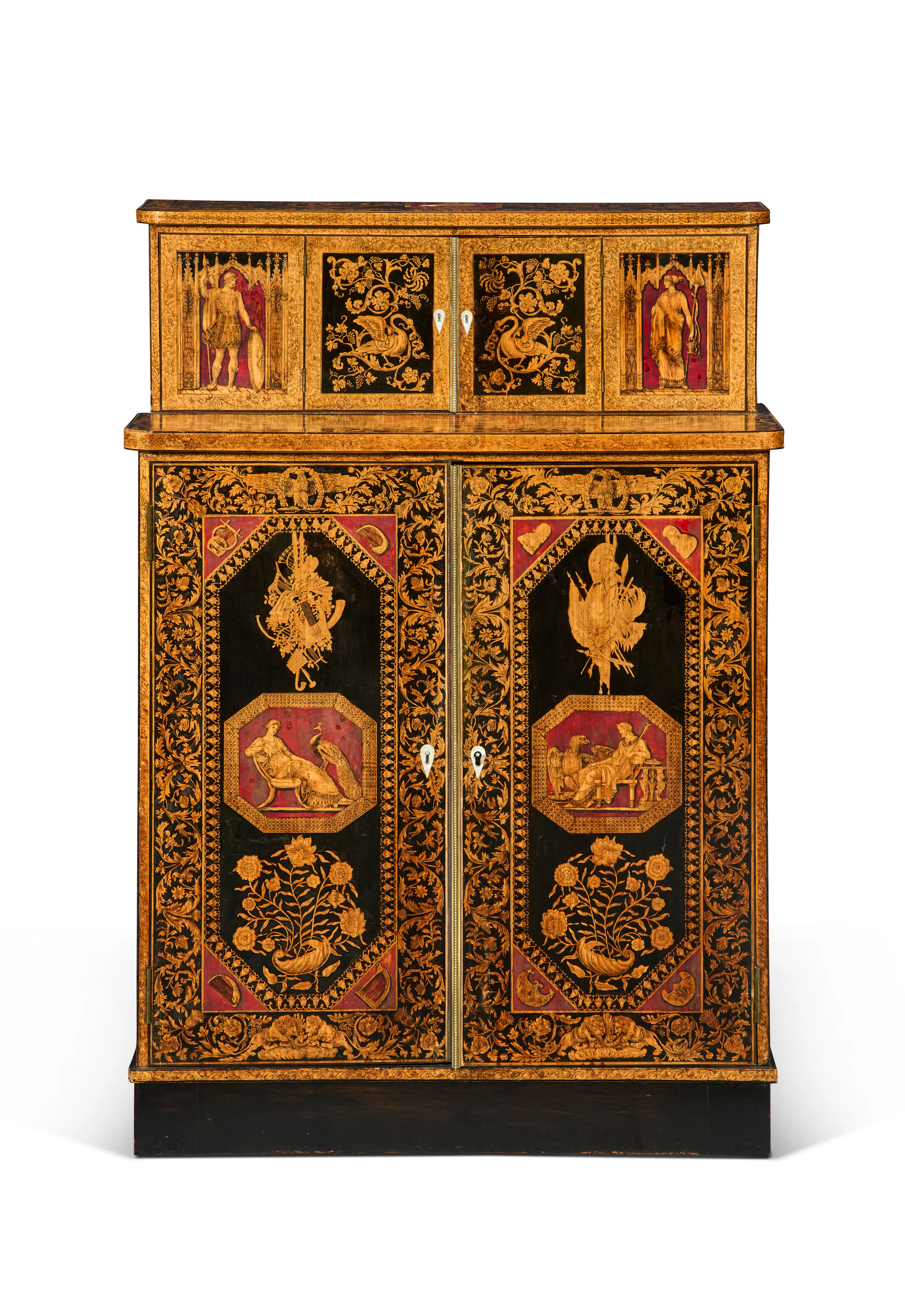 A Regency Marquetry and Parquetry Red-And-Black Penwork Side Cabinet