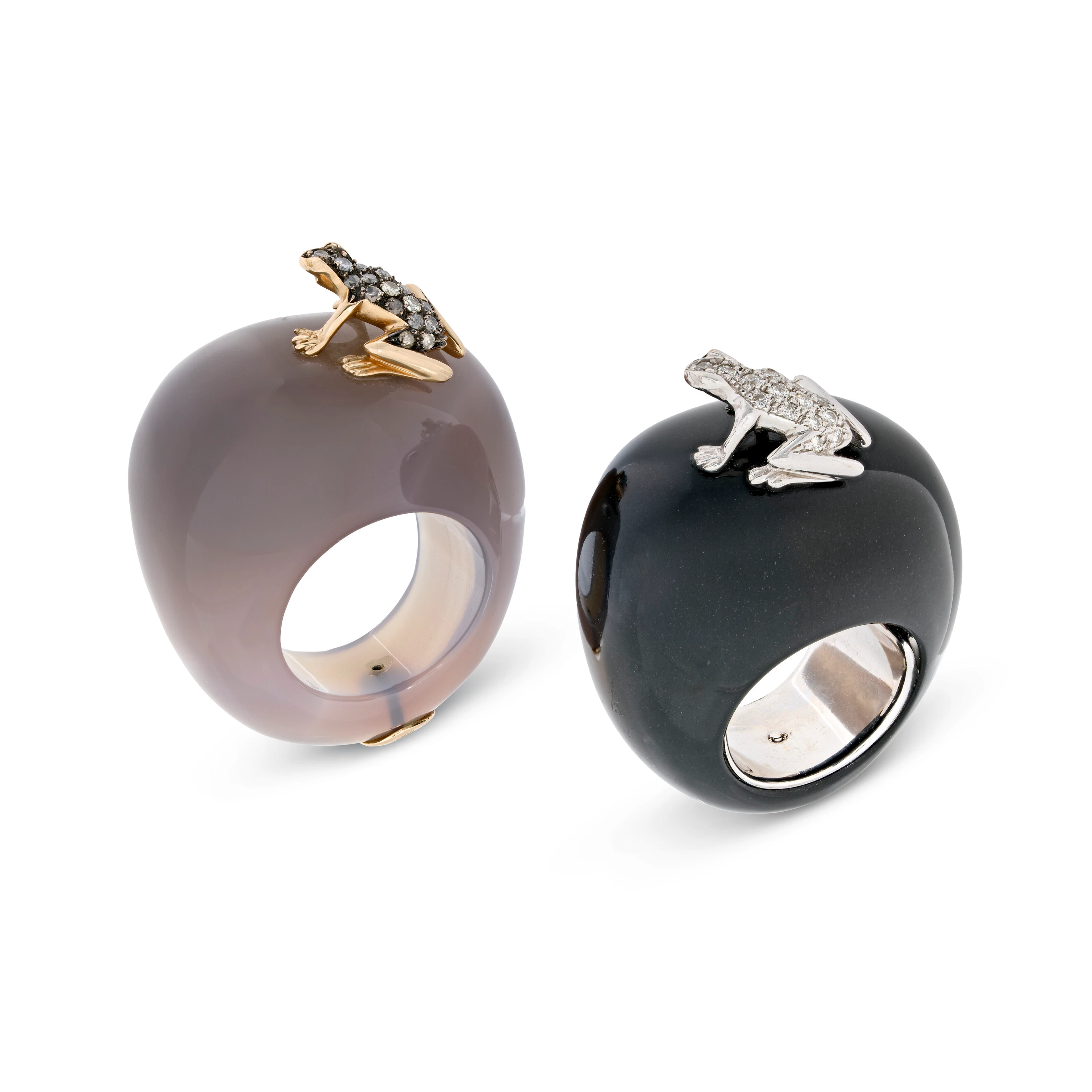 Pair of Chalcedony, Onyx and Diamond Frog Rings
