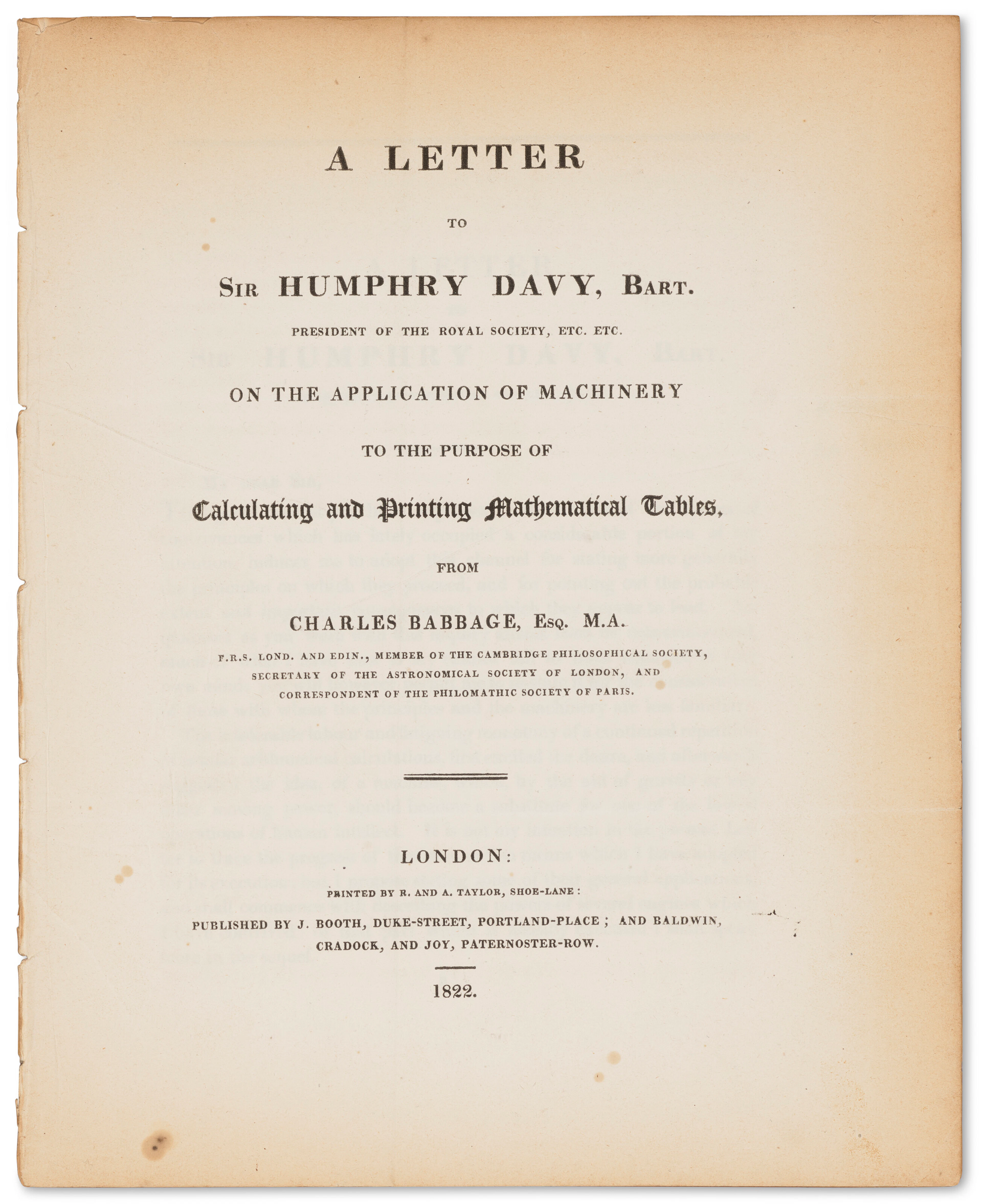 Letter to Humphry Davy on the Application of Machinery for Calculations