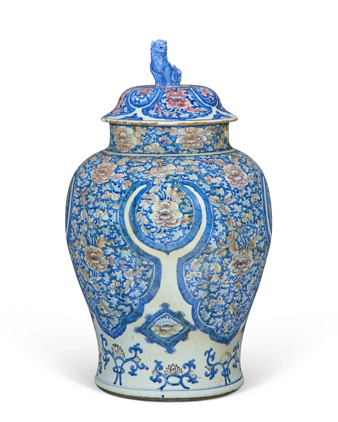 A Large Chinese Export Porcelain Blue and White and Iron-Red Vase and Cover