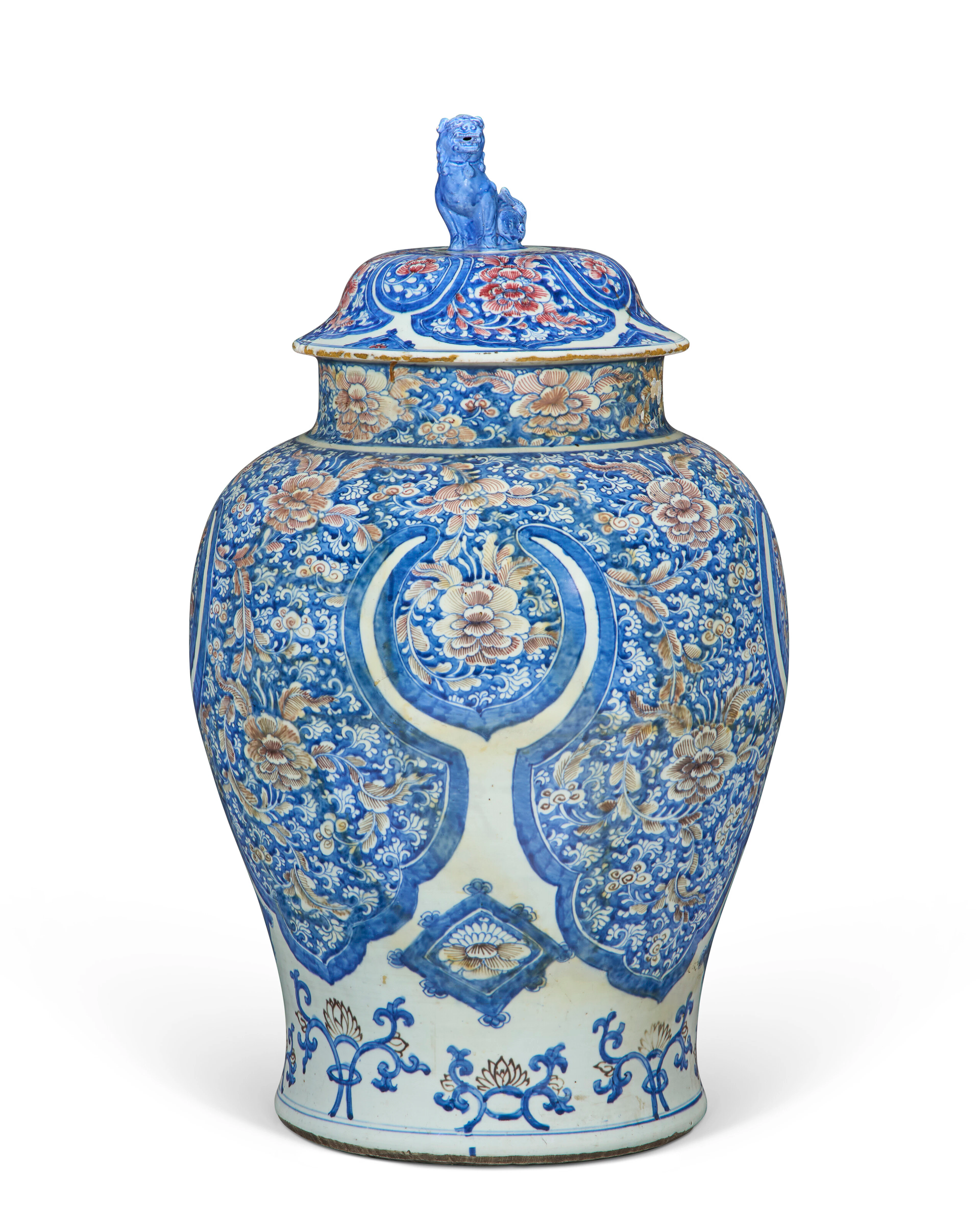 A Large Chinese Export Porcelain Blue and White and Iron-Red Vase and Cover