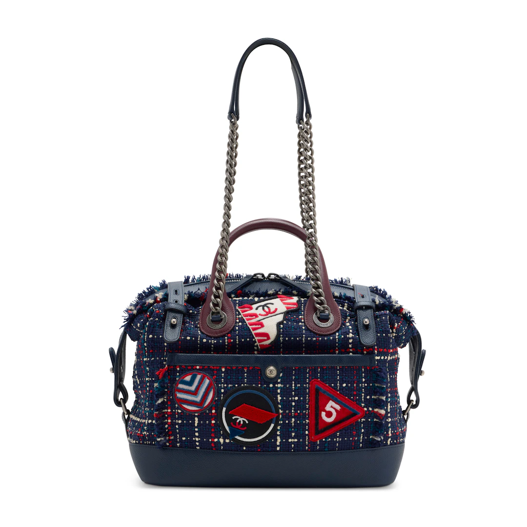 A Navy Blue Tweed Motif C'est Trip Chanel Airline Bowling Bag with