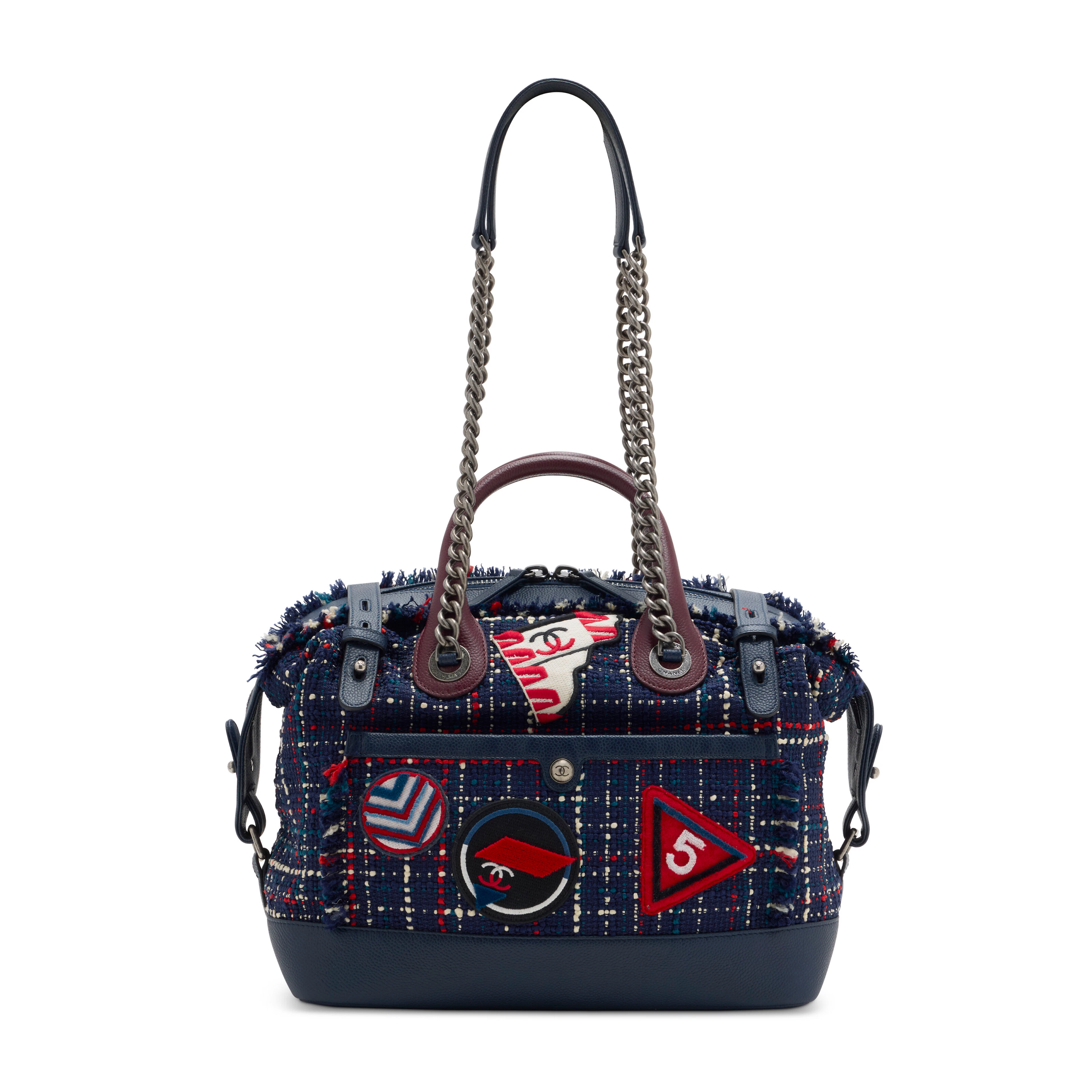 A Navy Blue Tweed Motif C'est Trip Chanel Airline Bowling Bag with