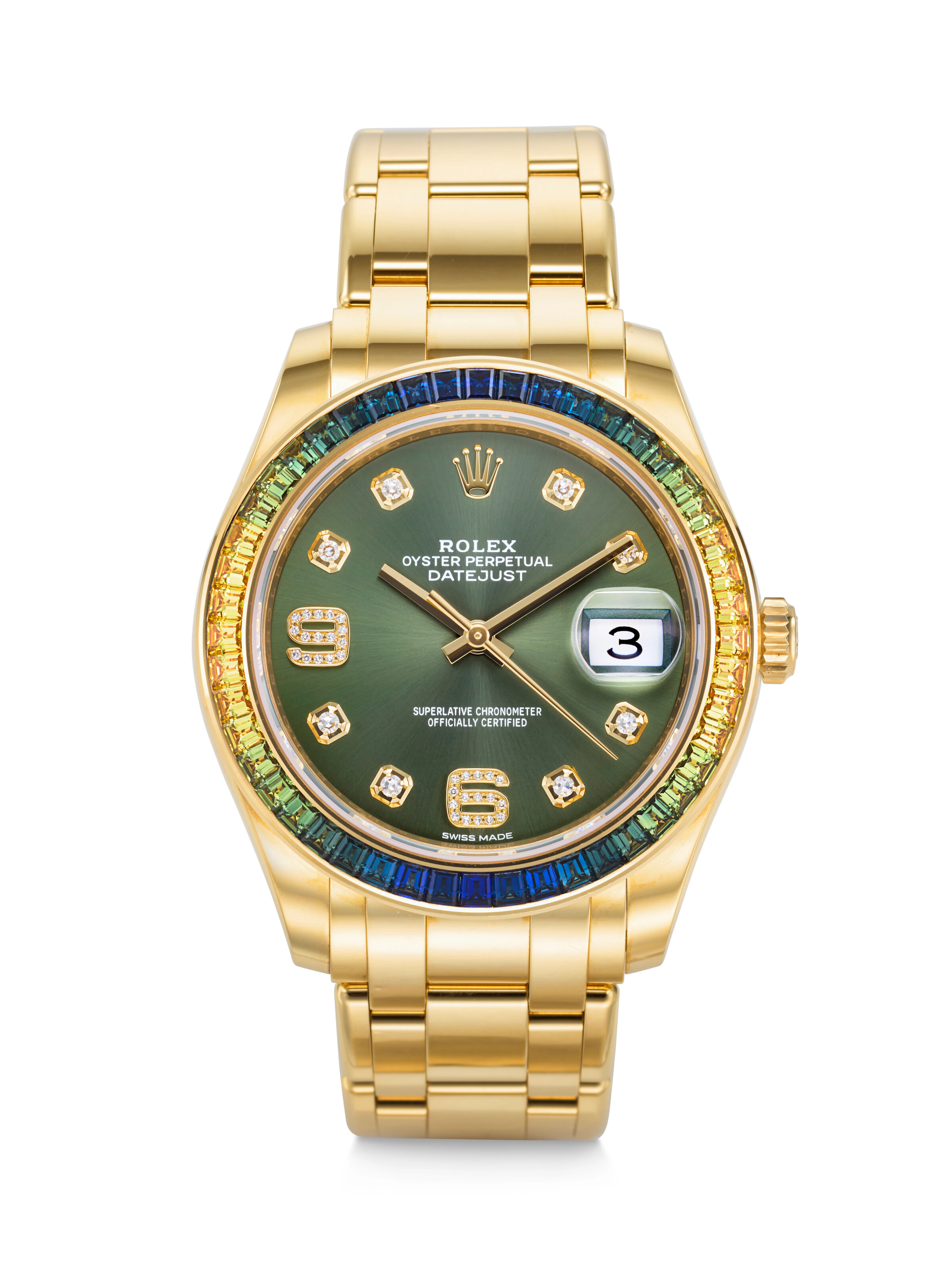 ROLEX. A HIGHLY RARE AND STRIKING 18K GOLD AND BAGUETTE-CUT MULTI-COLOR
