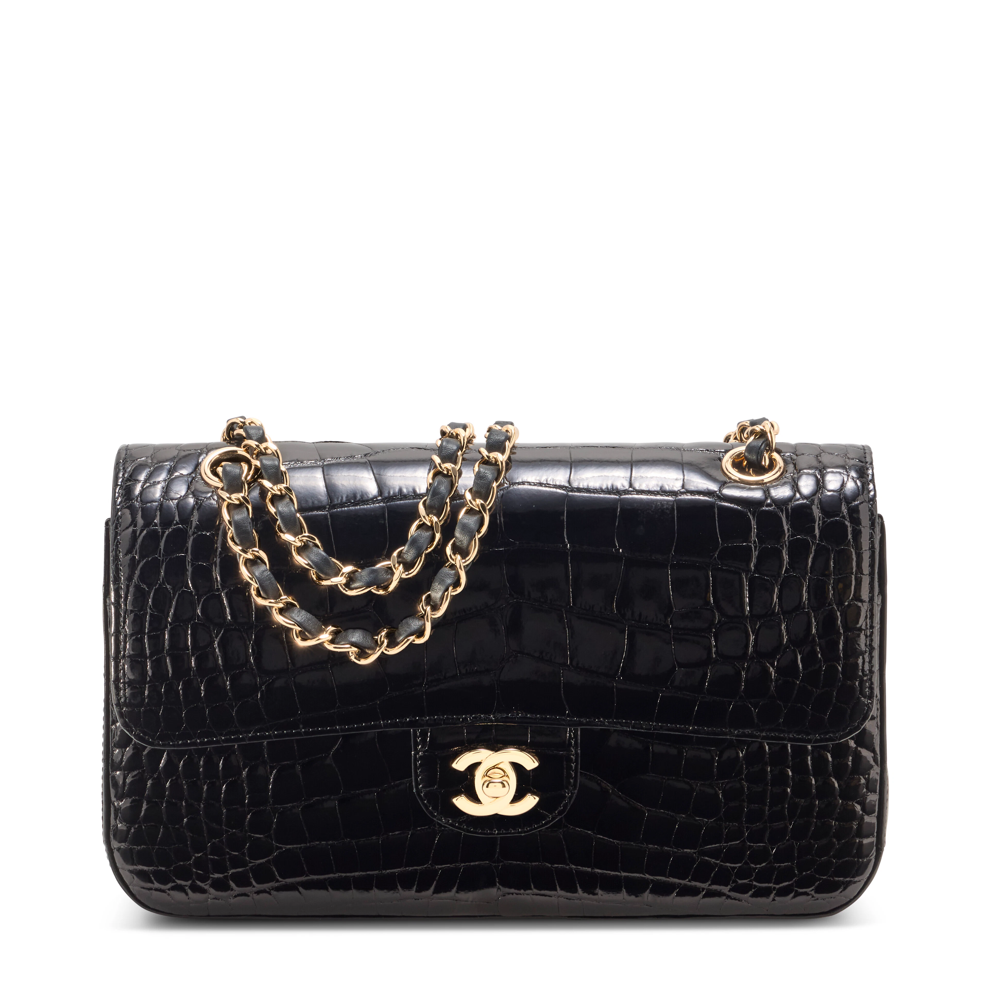 A Shiny Black Alligator Medium Classic Double Flap with Gold Hardware