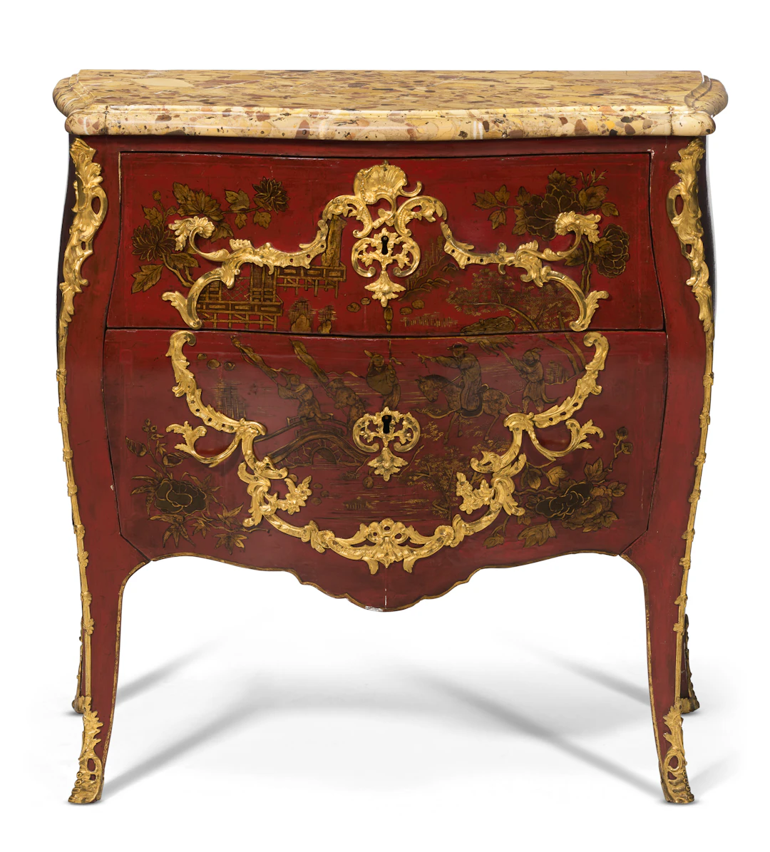 A Louis Xv Ormolu-Mounted and Red Vernis-Decorated Commode