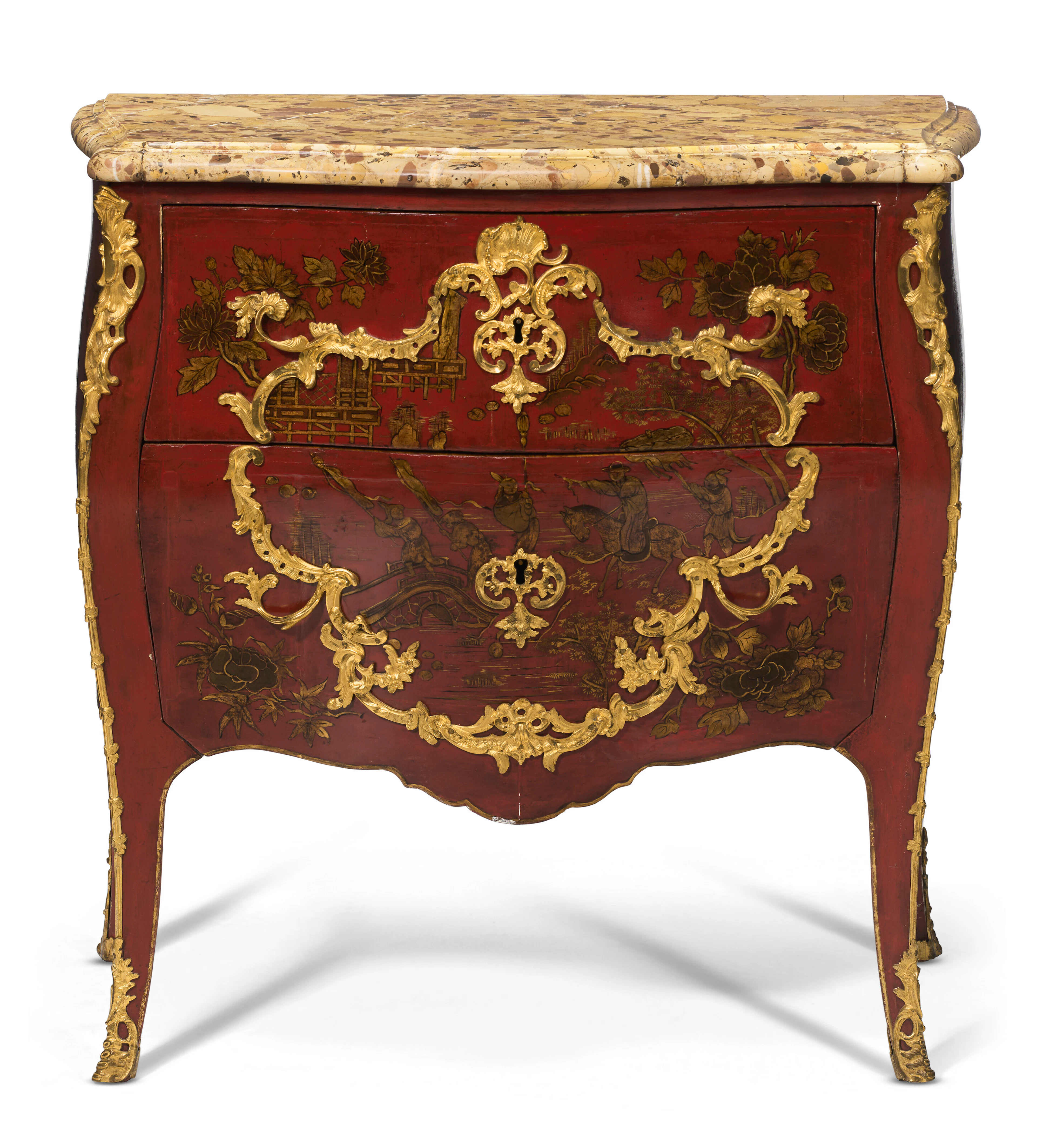 A Louis Xv Ormolu-Mounted and Red Vernis-Decorated Commode