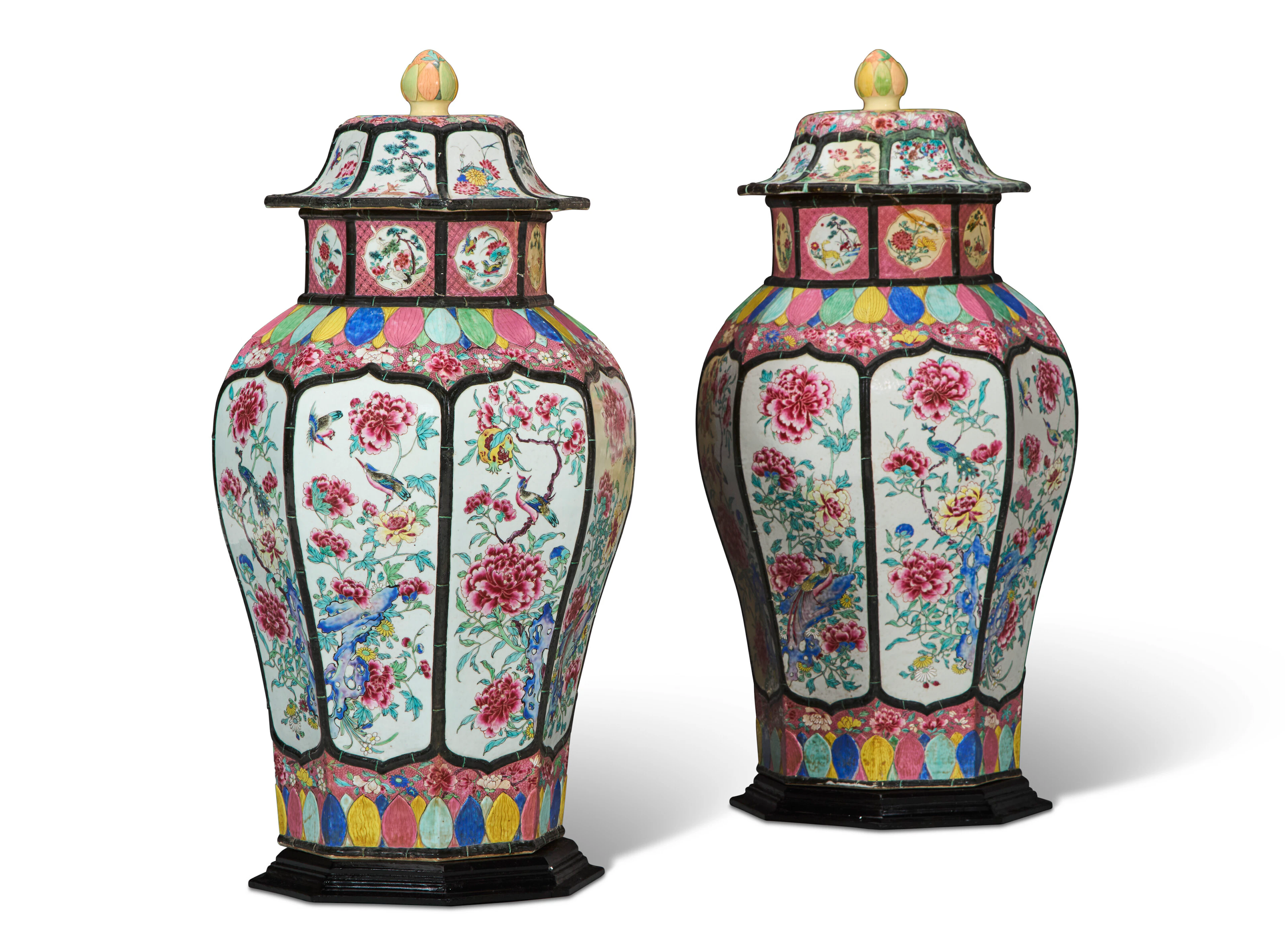 A Very Large Pair of Chinese Export Porcelain Famille Rose Vases and Covers