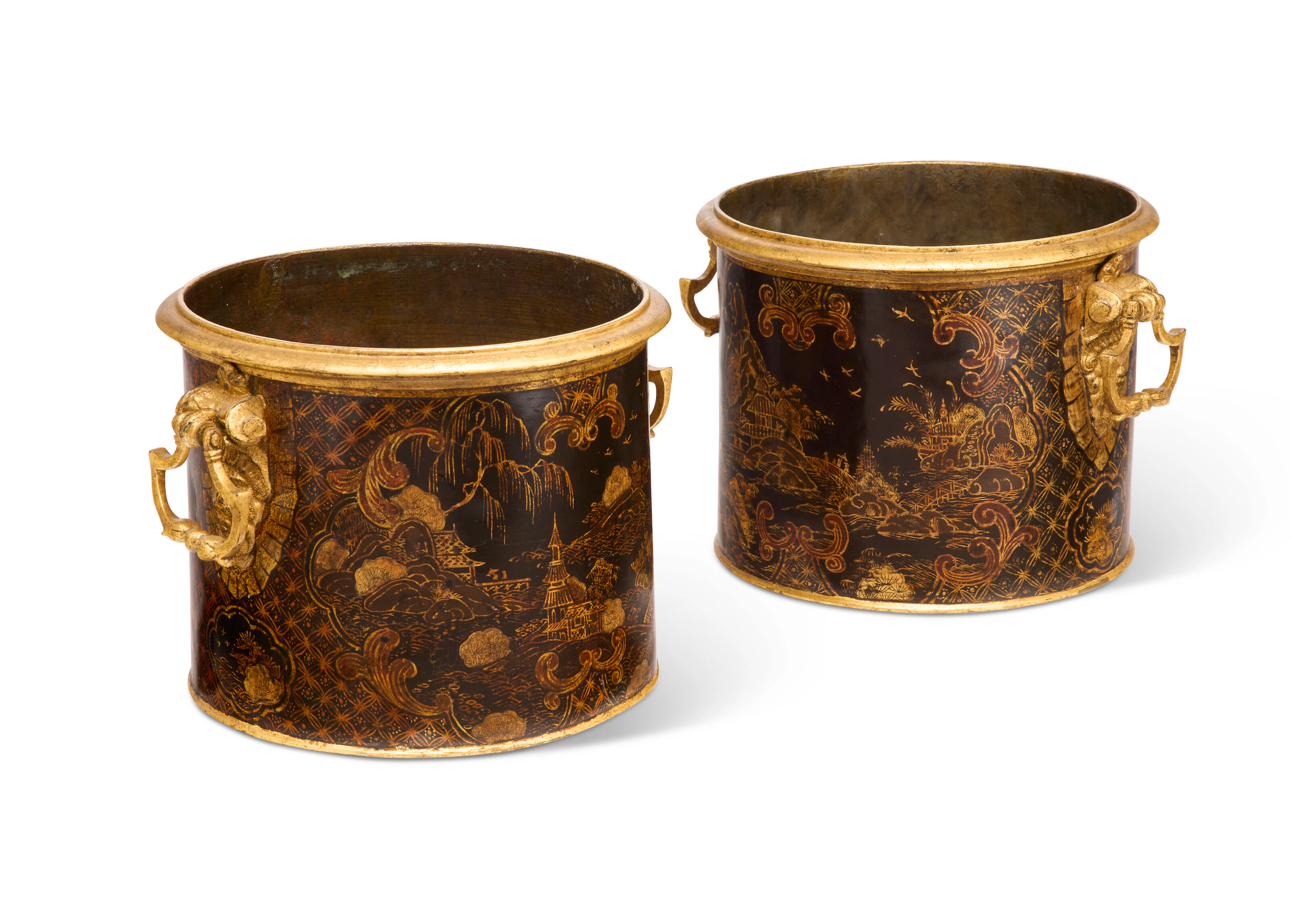 A Pair of Regence Gilt and Black Vernis-Decorated Tole Cache-Pots