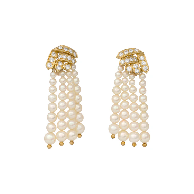 Pair of Cultured Pearl and Diamond Earrings