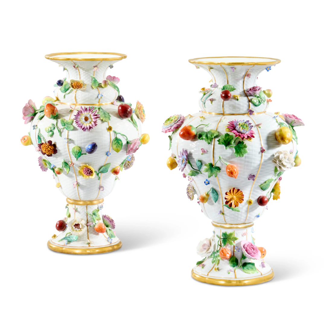 A Matched Pair of Meissen Porcelain Fruit and Flower-Encrusted Vases