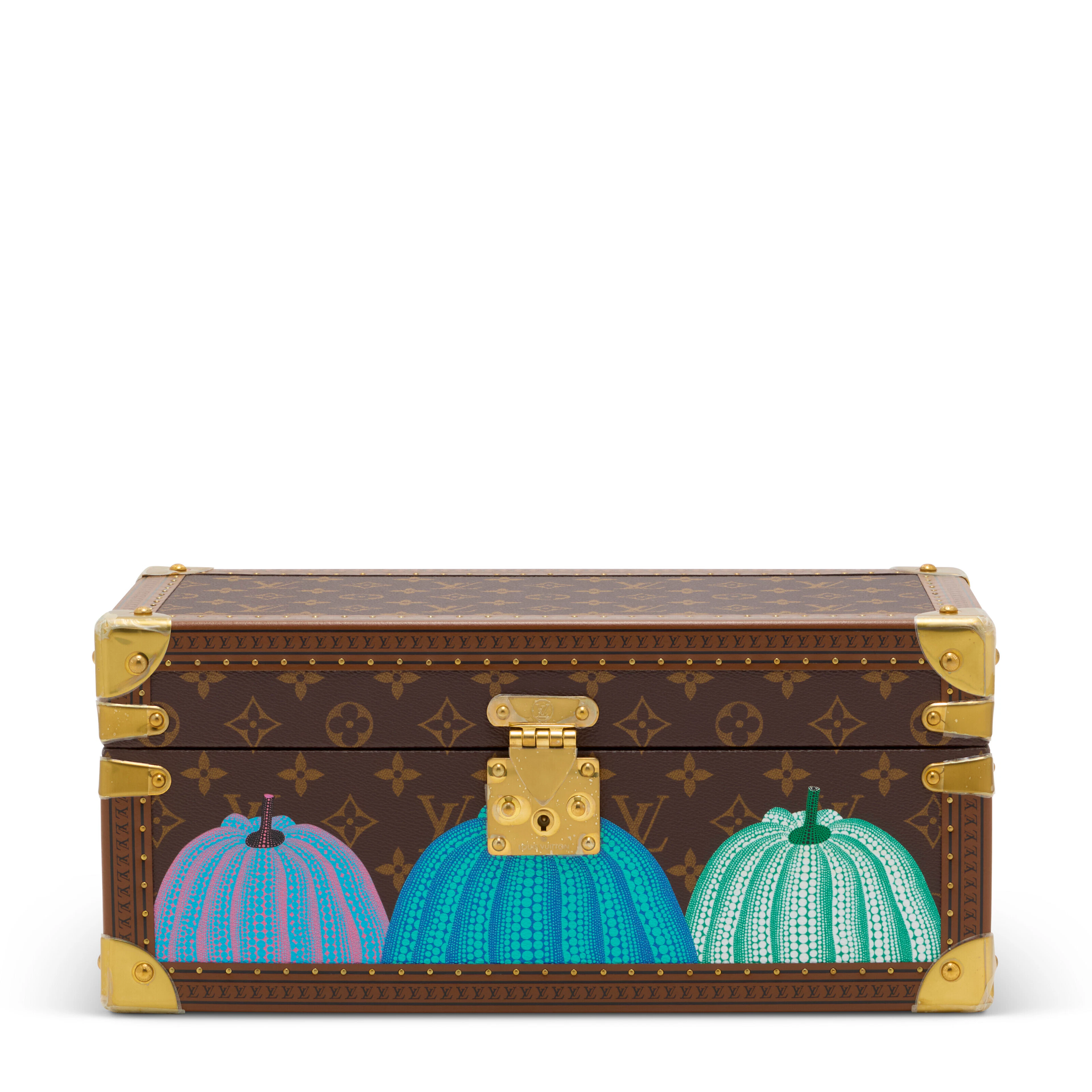 A LIMITED EDITION PAINTED PUMPKIN MONOGRAM WATCH BOX WITH BRASS HARDWARE