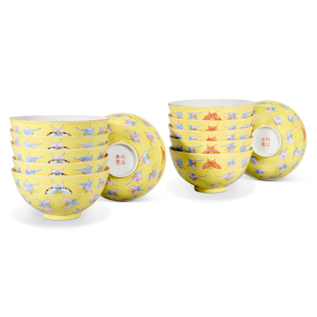 A Group of Twelve Yellow-Ground Famille Rose 'Butterfly' Bowls