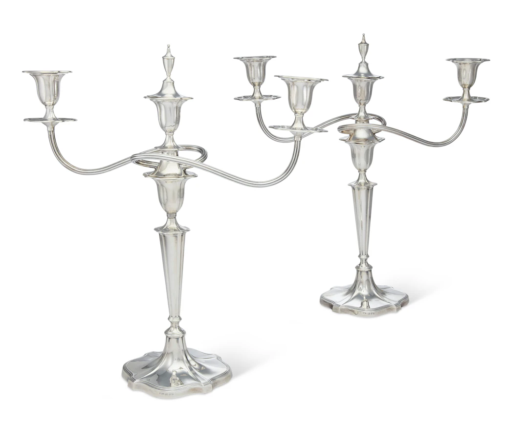 A Pair of George V Silver Three-Light Candelabra