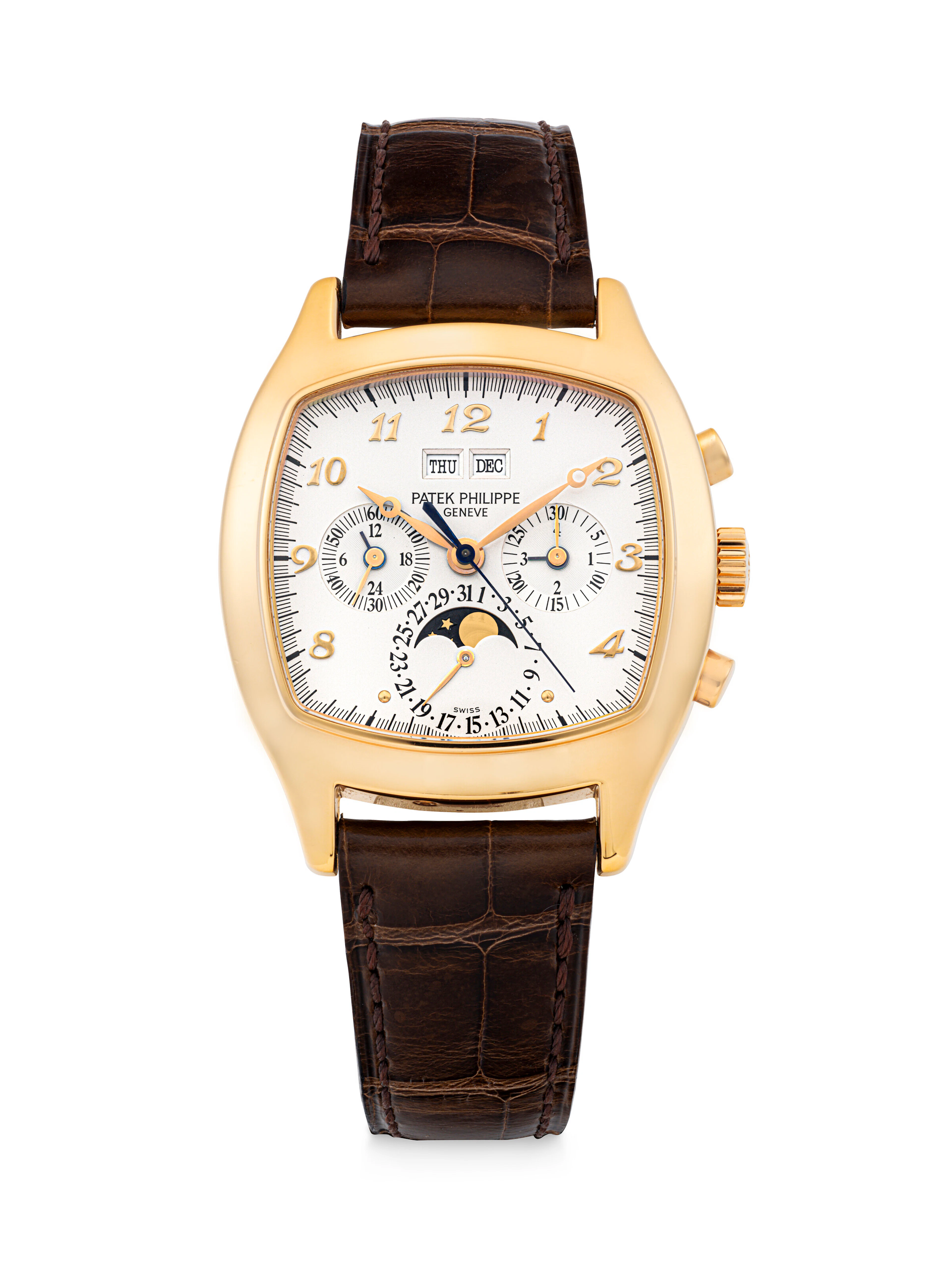 PATEK PHILIPPE. A VERY RARE 18K PINK GOLD CUSHION-SHAPED PERPETUAL