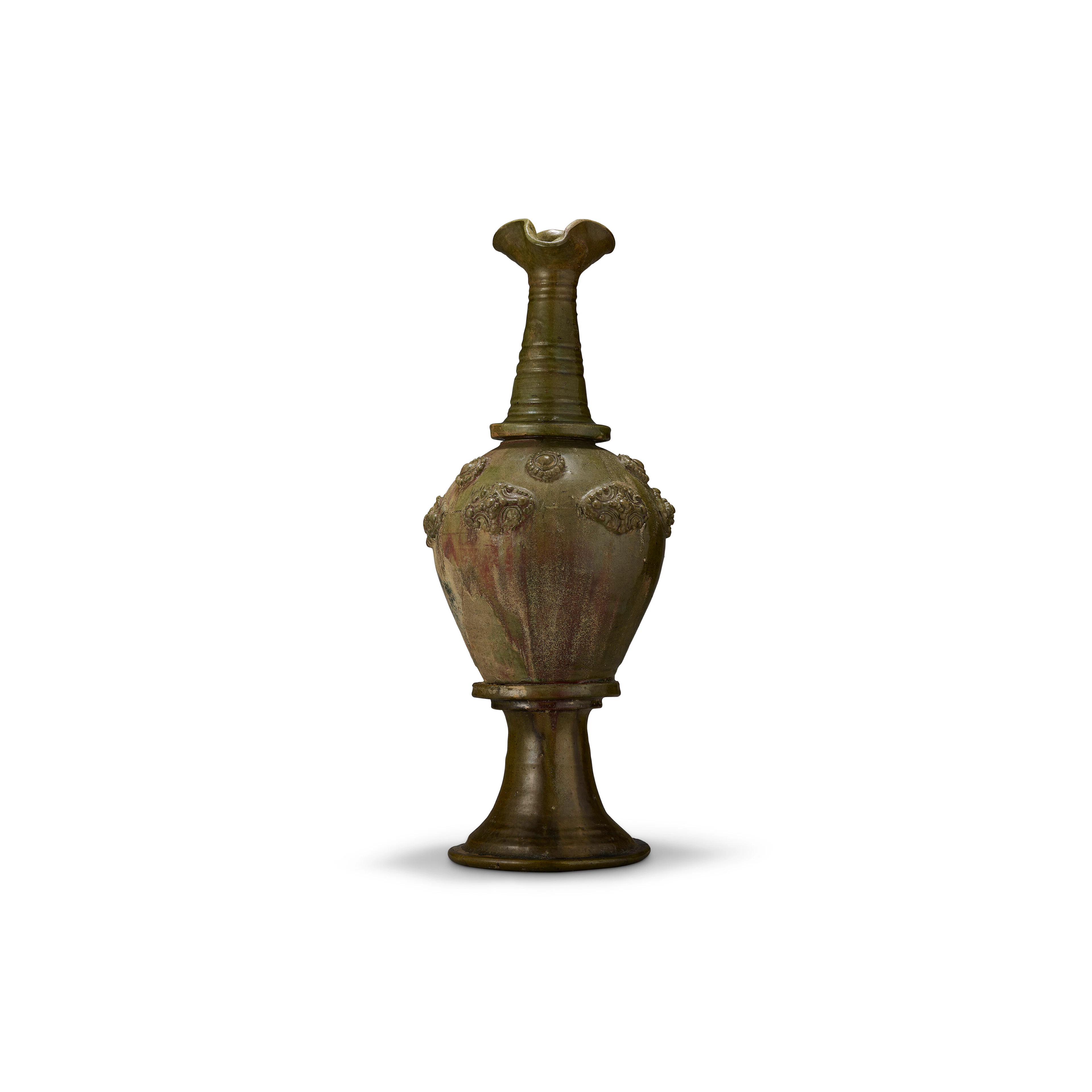A Large Green-Glazed Appliqué -Decorated Long Necked Vase