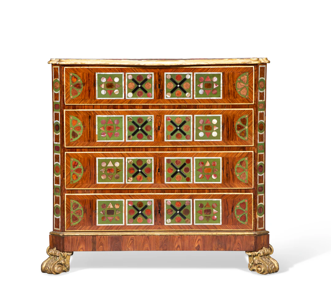 A North European Parcel-Gilt, Green-Painted, Amber and Hardstone-Mounted
