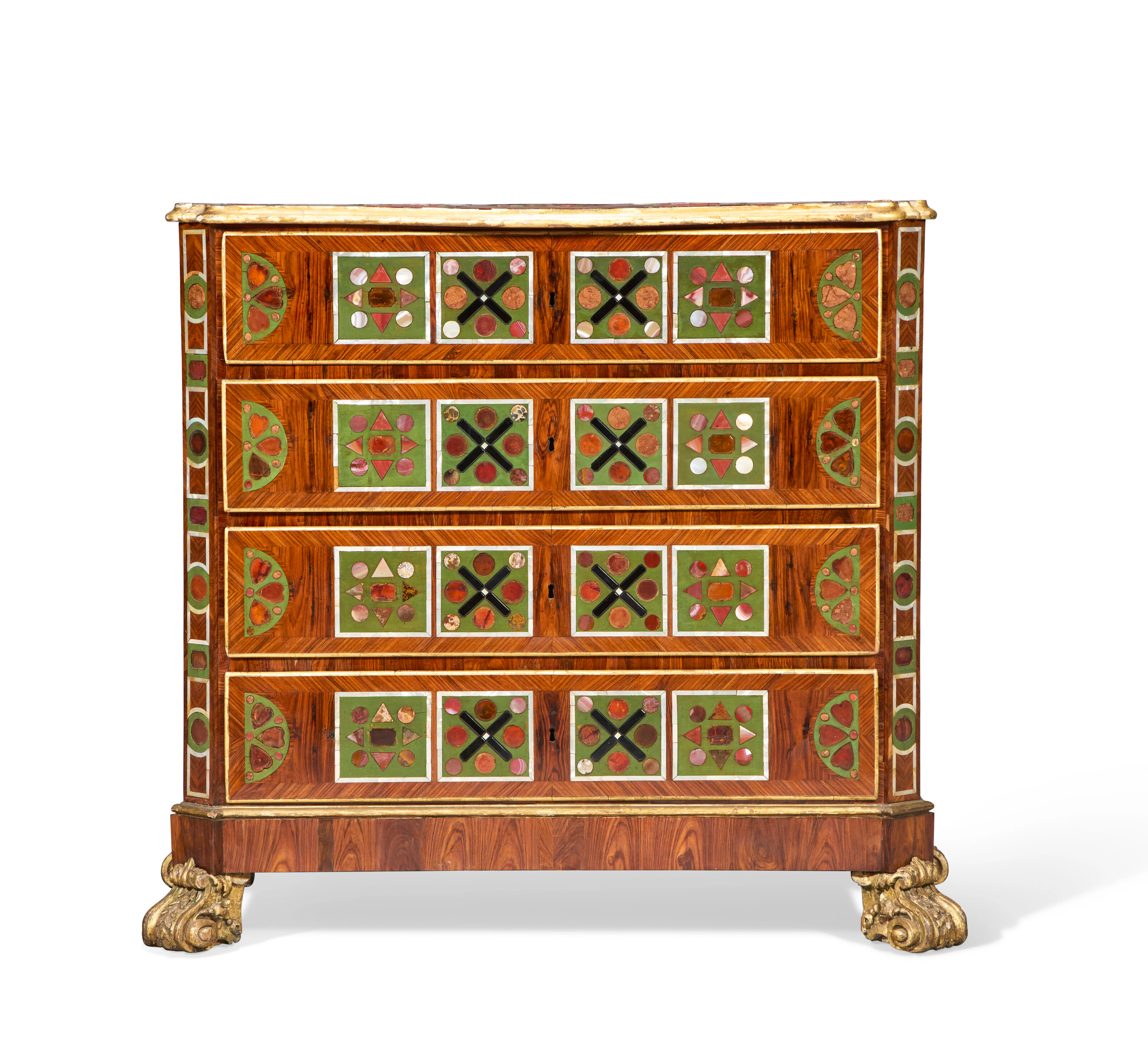 A North European Parcel-Gilt, Green-Painted, Amber and Hardstone-Mounted