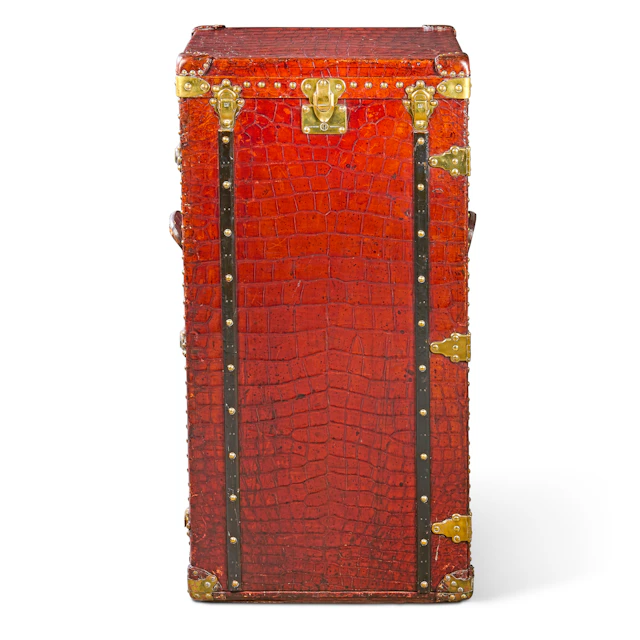 Rare Malle Secrétaire En Crocodile Brun, Garniture En Laiton Doré