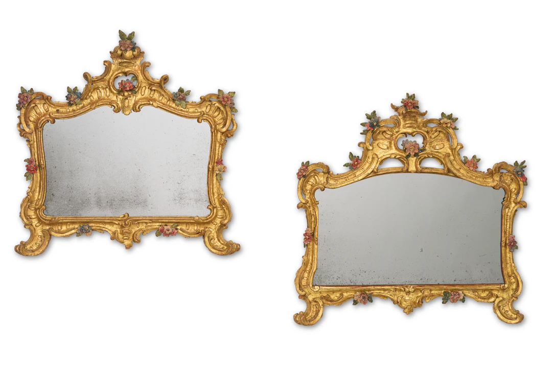 A Near Pair of North Italian Polychrome-Painted and Giltwood Mirrors