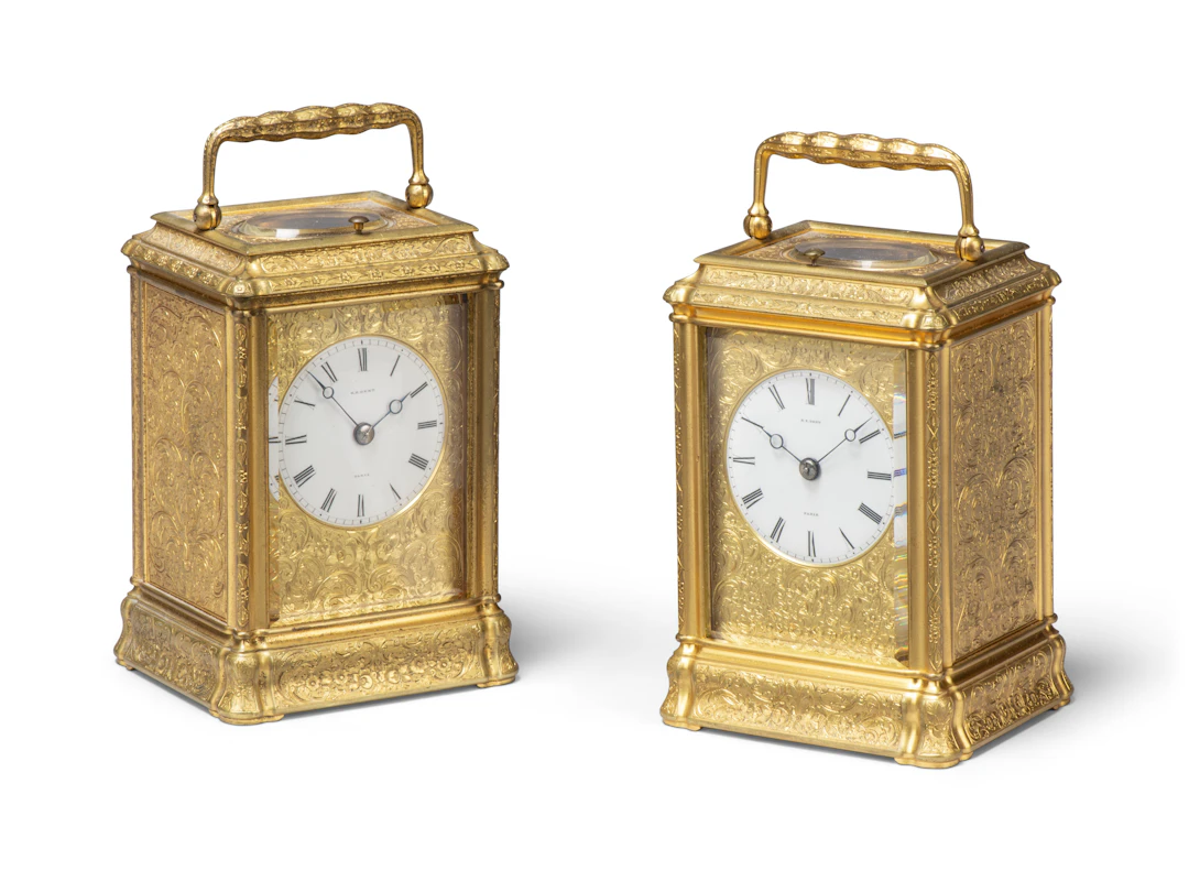 A Pair of French Gilt-Brass Striking Carriage Clocks with Repeat