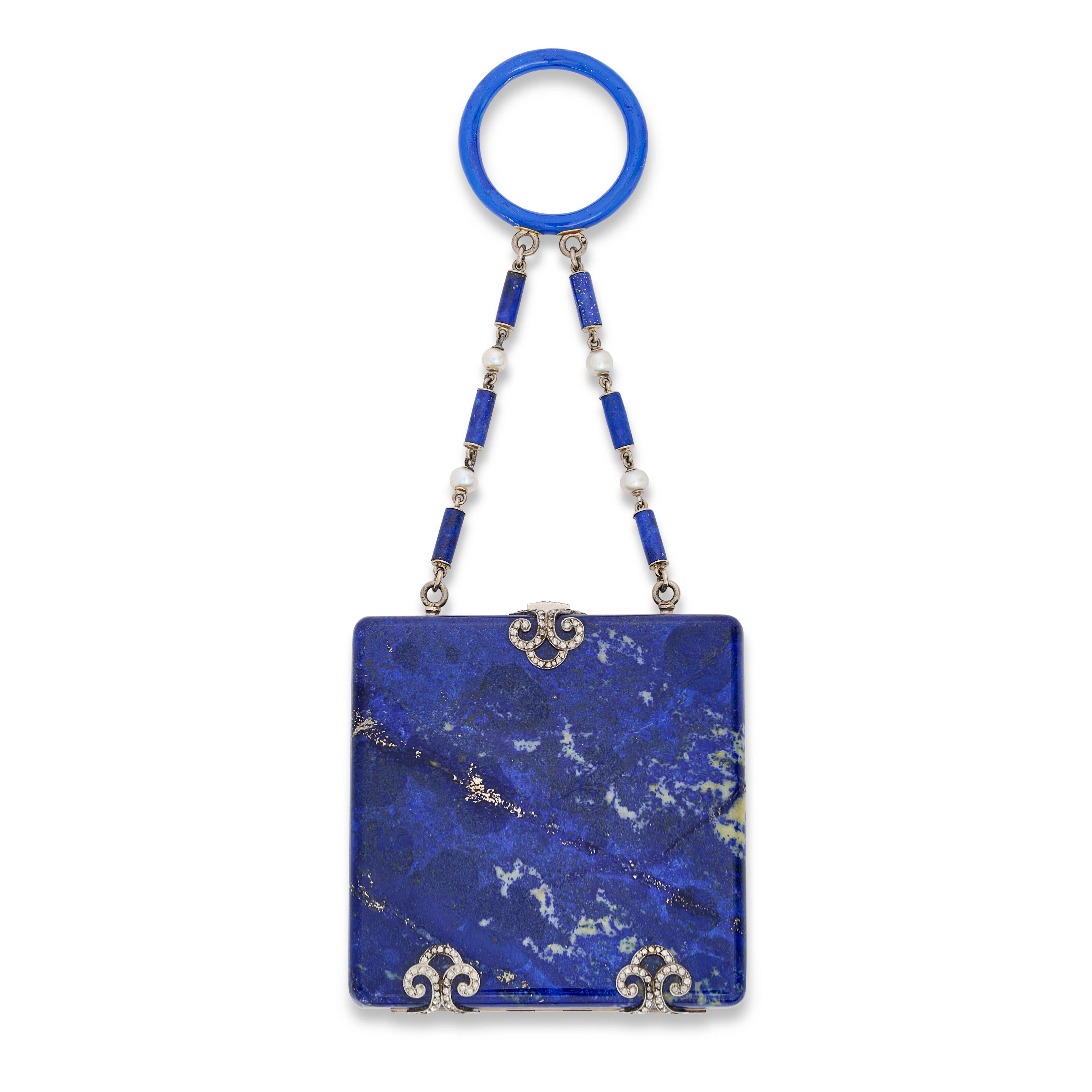 Janesich Art Deco Lapis Lazuli, Diamond, Seed Pearl and Enamel Vanity Case