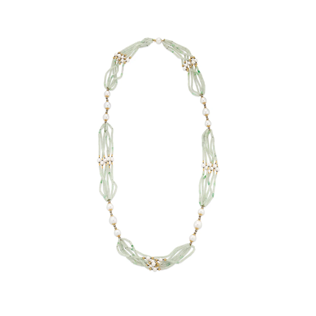Verdura Cultured Pearl, Jade and Diamond Longchain Multi-Strand Necklace