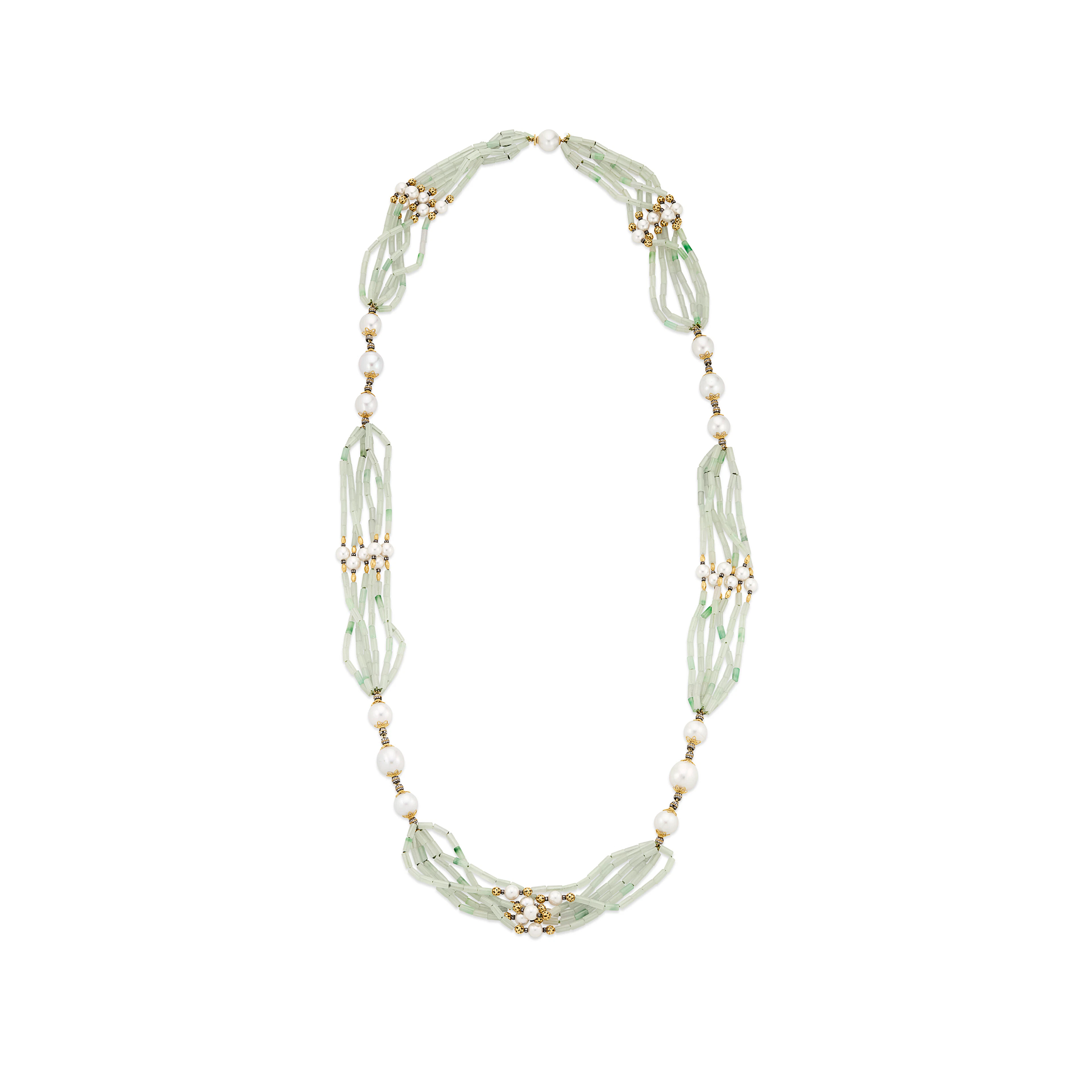 Verdura Cultured Pearl, Jade and Diamond Longchain Multi-Strand Necklace