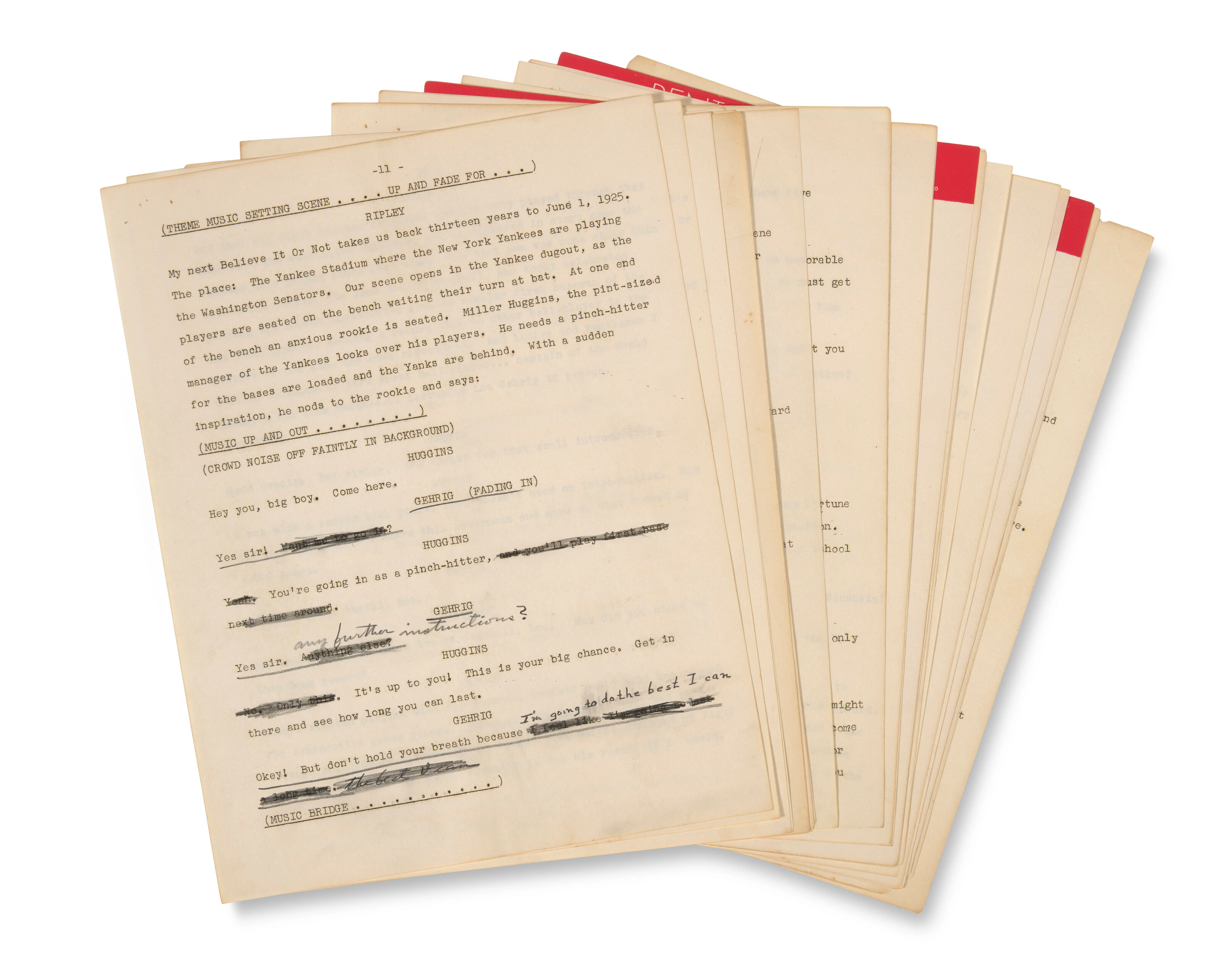 LOU GEHRIG (AND OTHERS) AUTOGRAPHED "BELIEVE IT OR NOT" RADIO SCRIPT